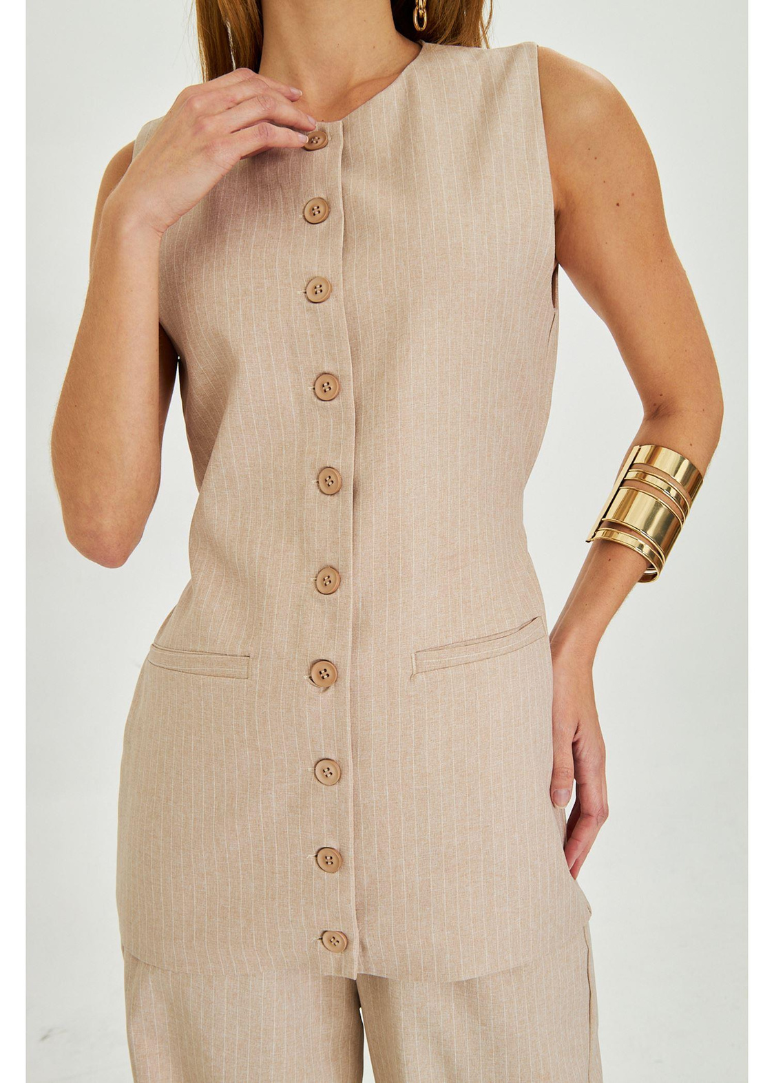 Yanı Kemerli Çizgili Poliviskon Yelek