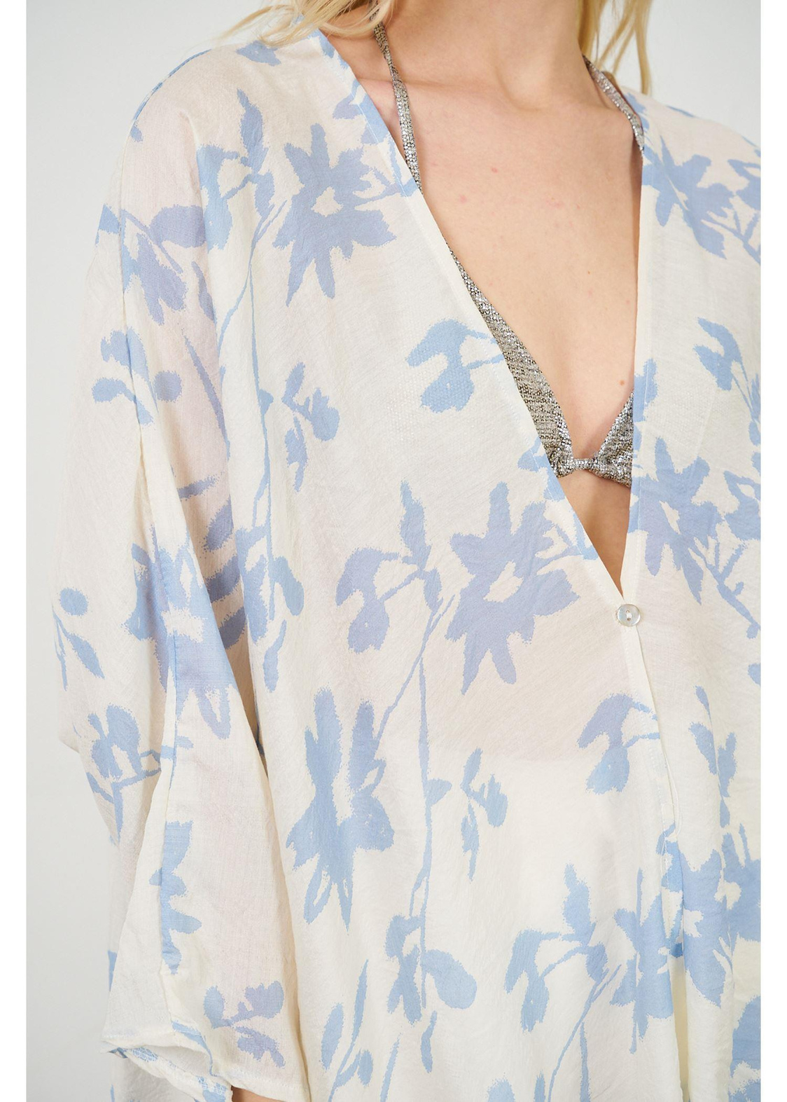 Yaprak Desen Kimono-Mavi