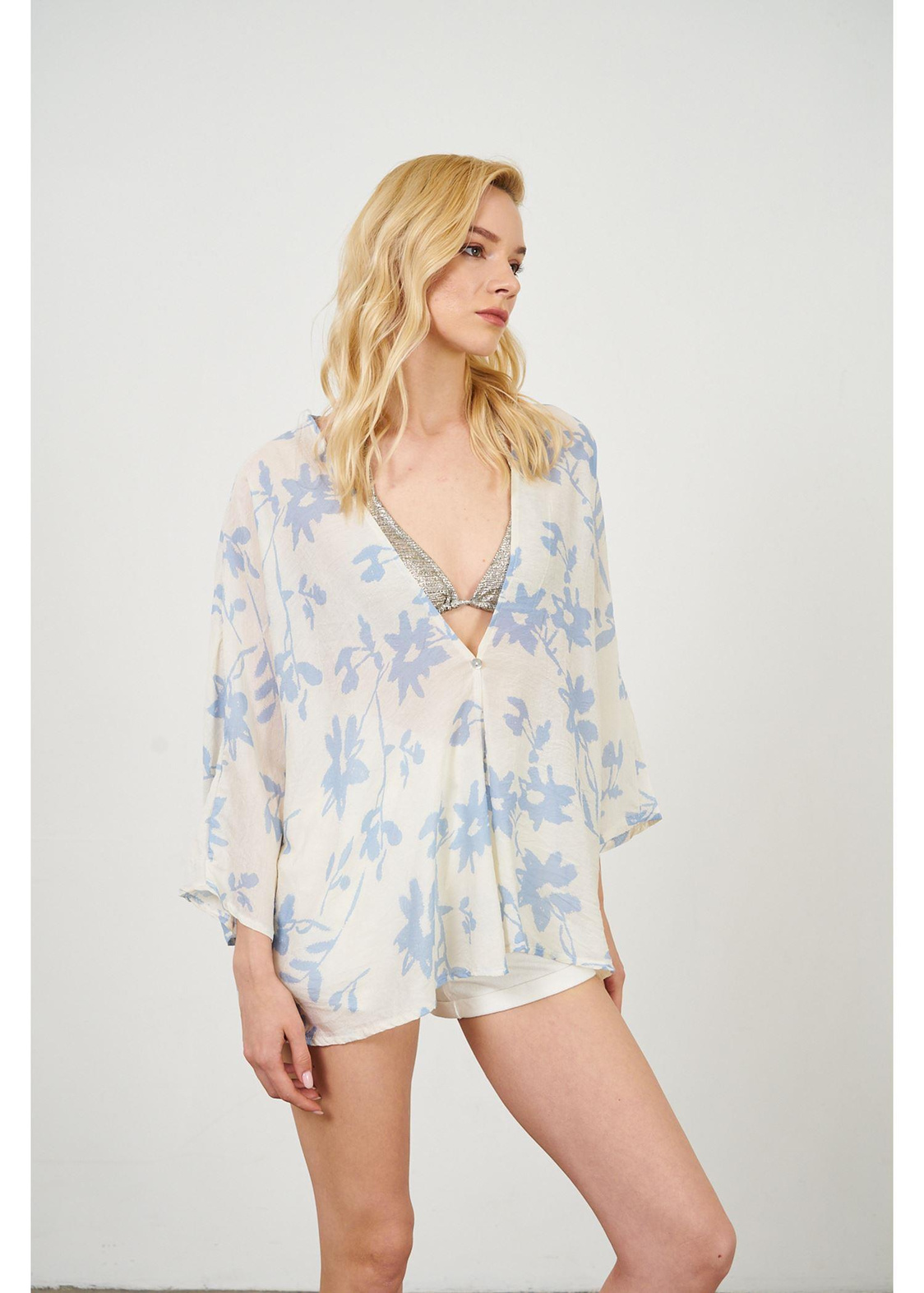 Yaprak Desen Kimono-Mavi