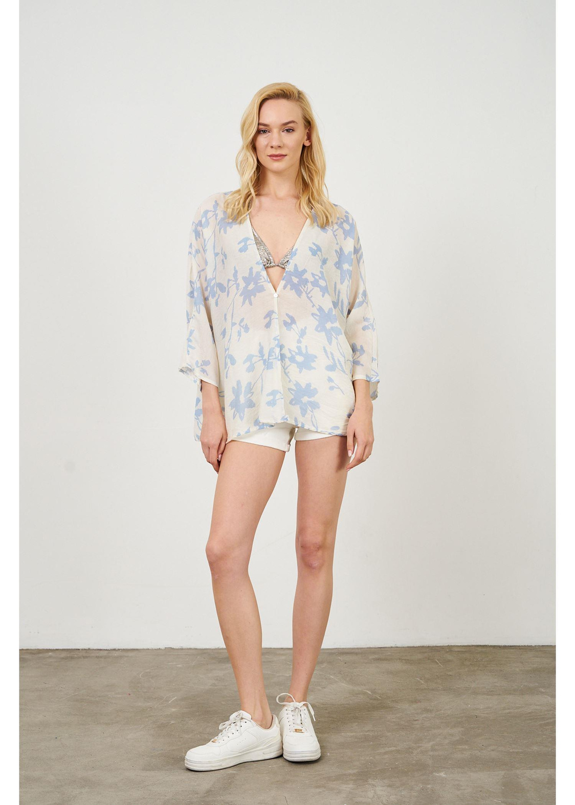 Yaprak Desen Kimono-Mavi