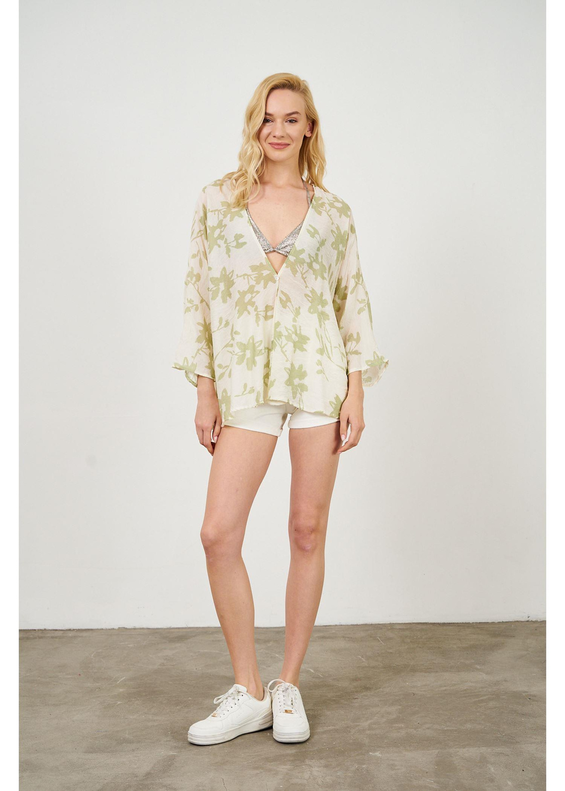 Yaprak Desen Kimono-Mint