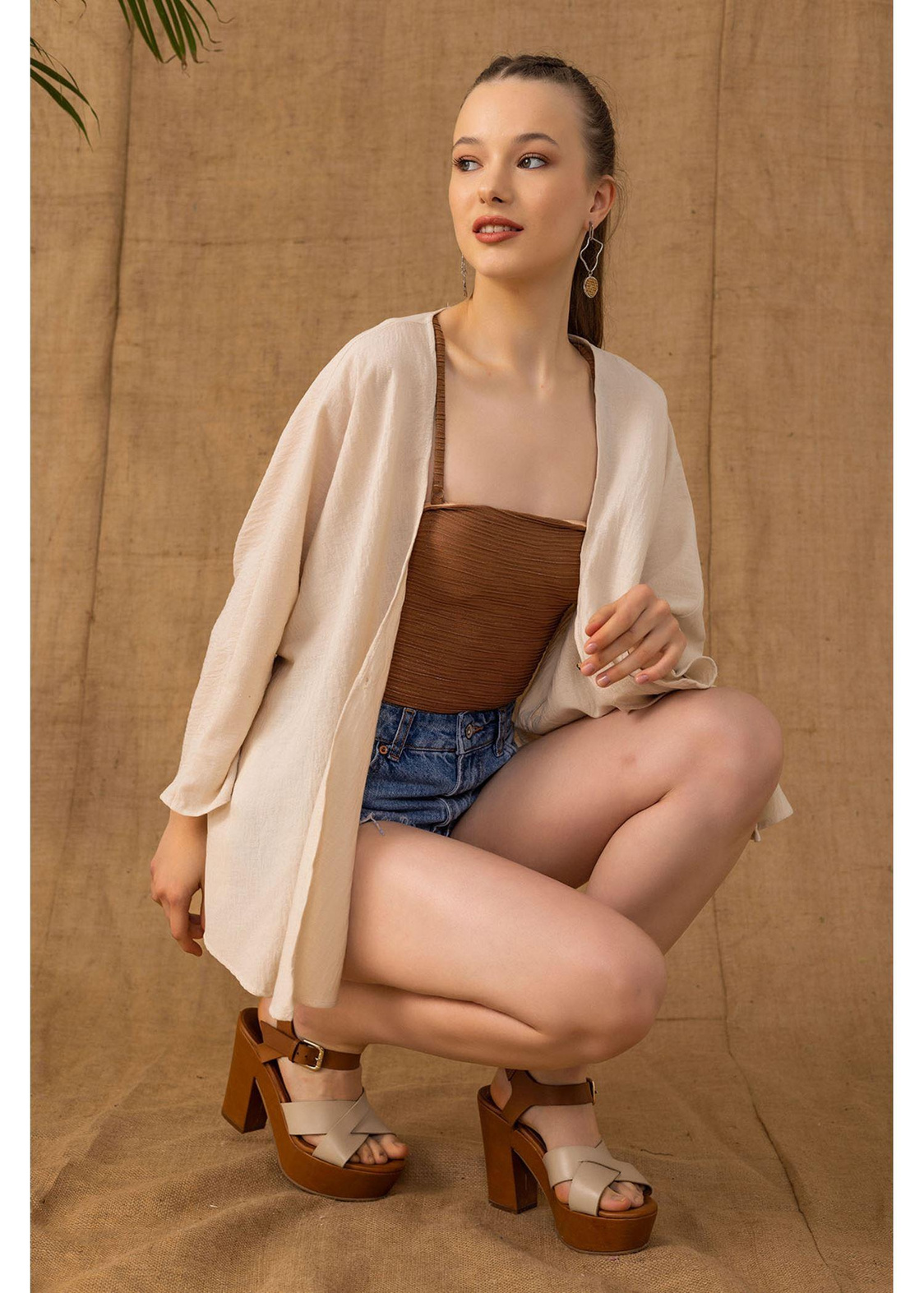 Yarasa Kısa Kimono-Bej