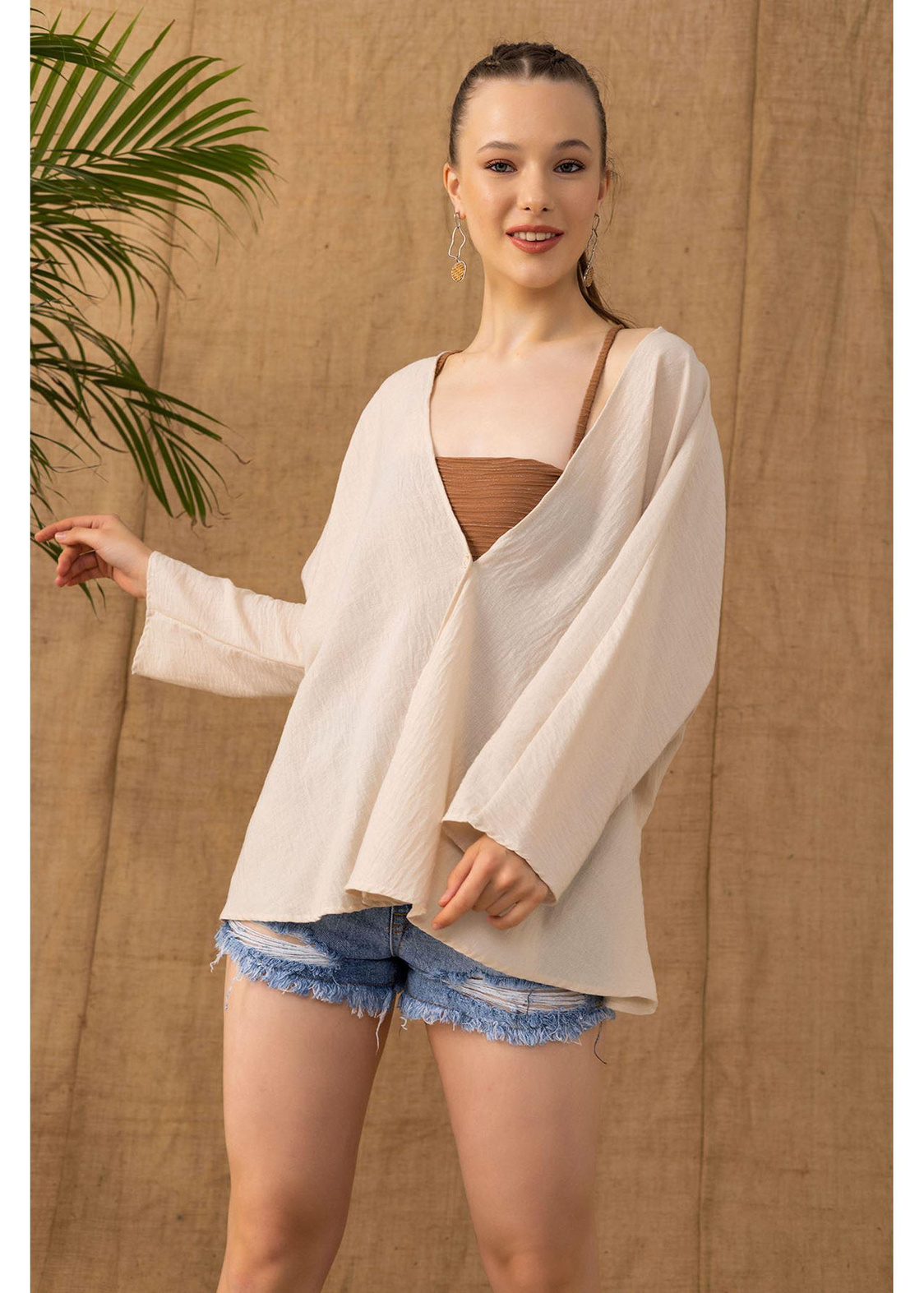 Yarasa Kısa Kimono-Bej