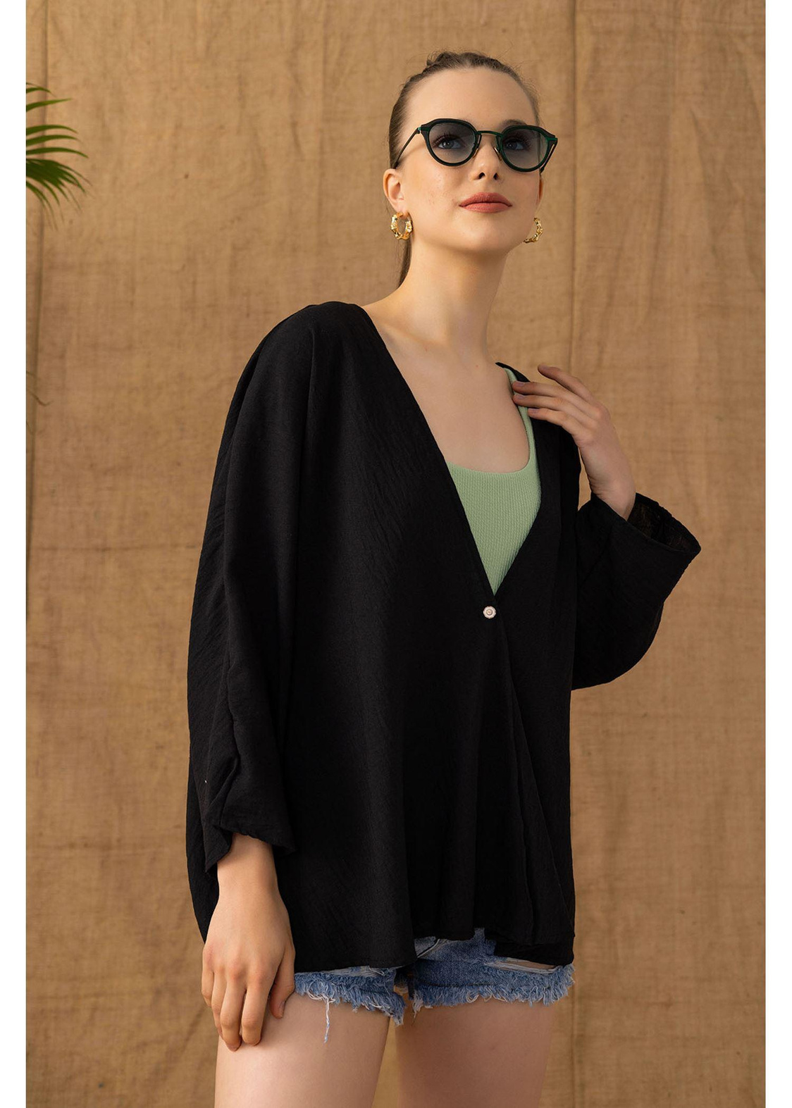 Yarasa Kısa Kimono-Siyah