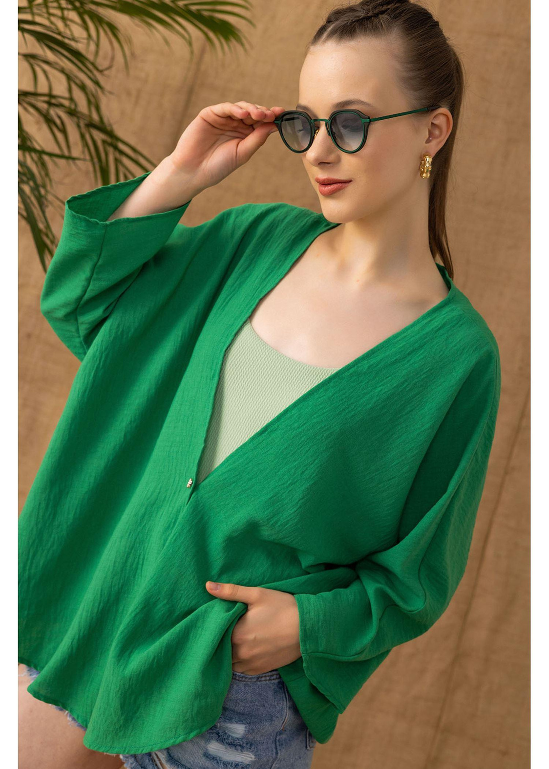 Yarasa Kısa Kimono-Yeşil