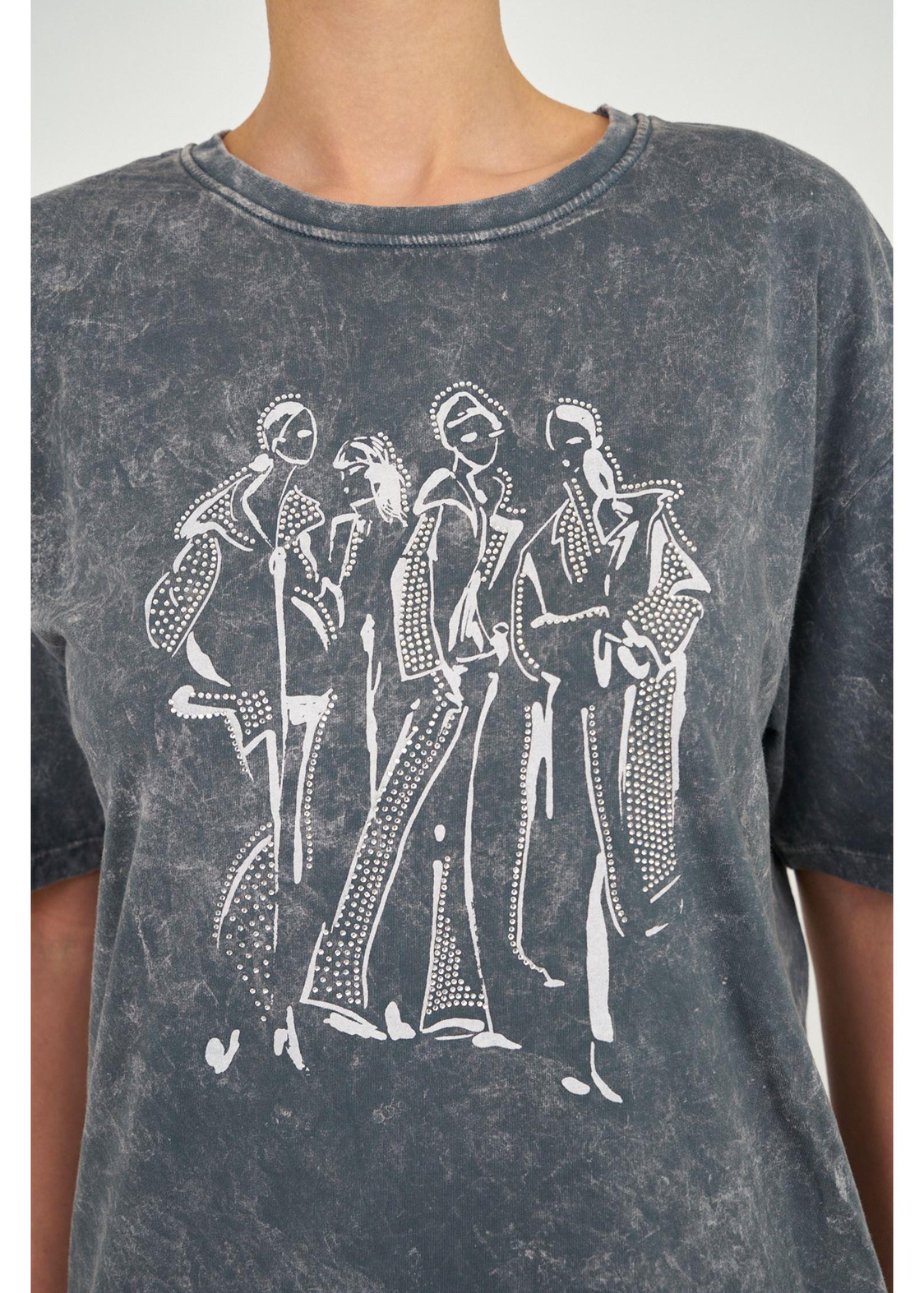 Yıkamalı Kız Baskılı Basic T-shirt-Antrasit