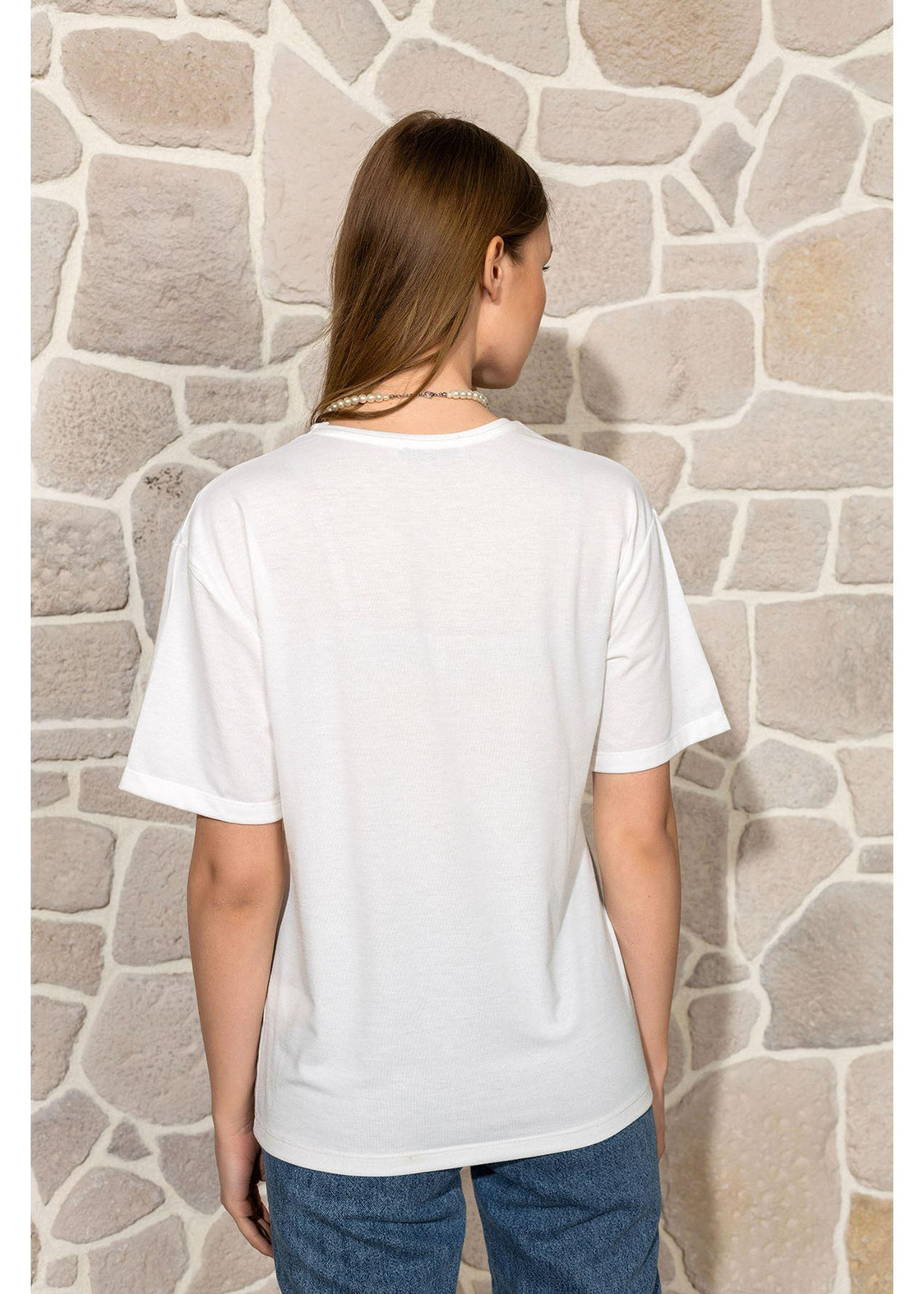 Yıldız Baskılı Basic T-shirt-Ekru