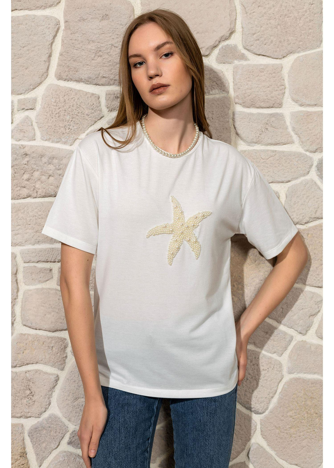 Yıldız Baskılı Basic T-shirt-Ekru