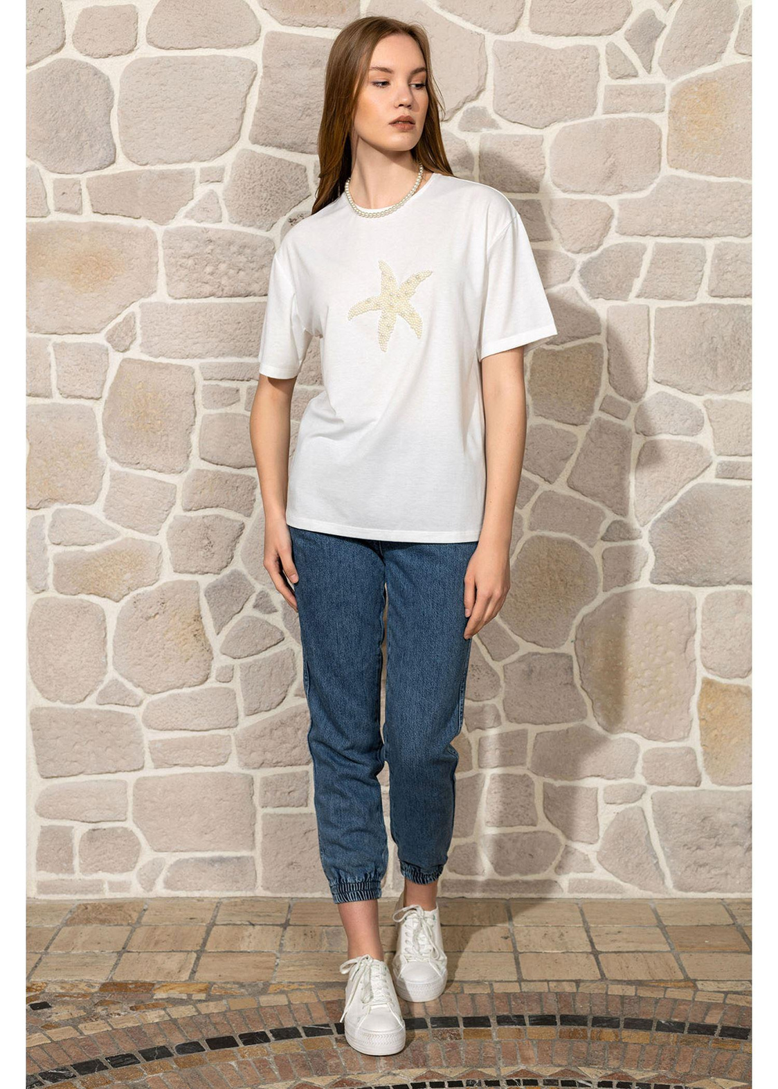 Yıldız Baskılı Basic T-shirt-Ekru