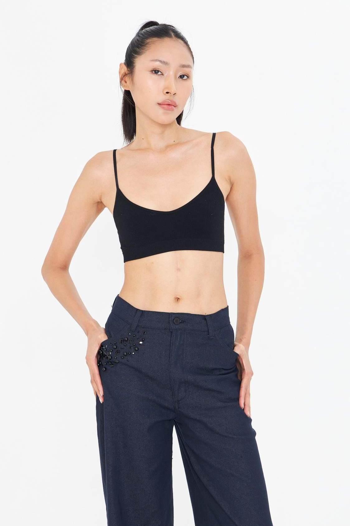 Yüksek Bel Taşlı Denim Pantolon