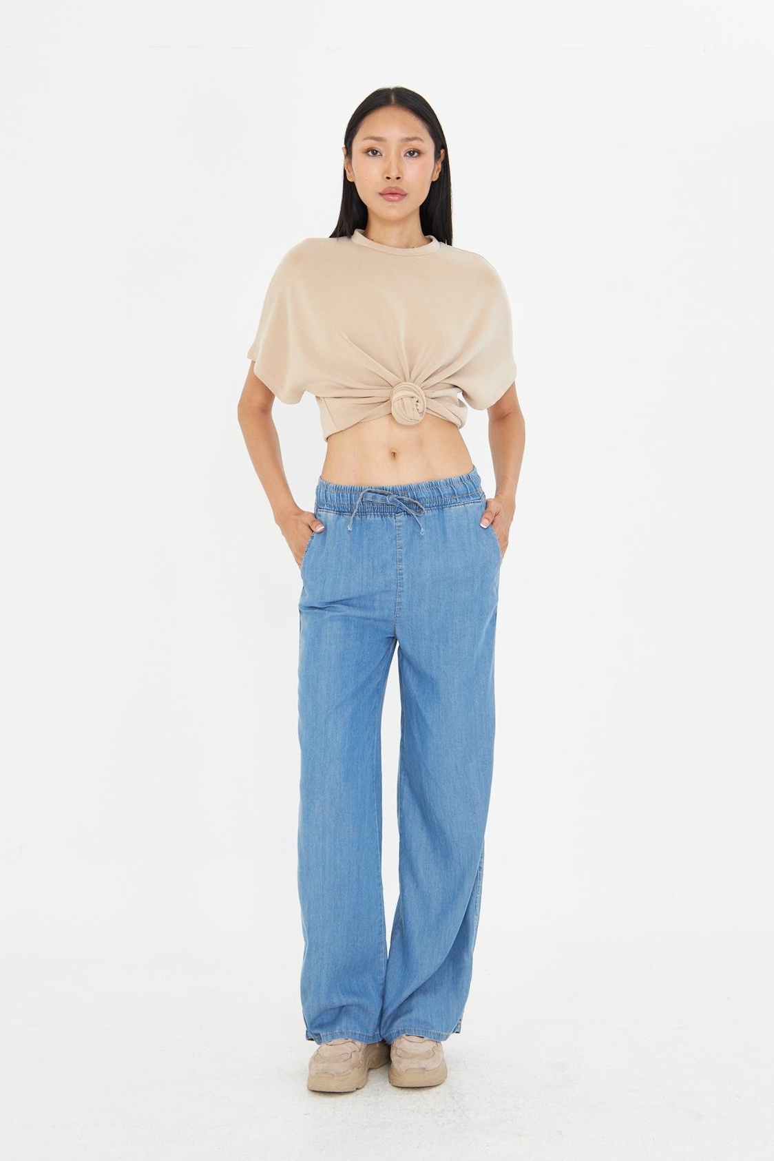 Yüksek Bel Wide-Leg Pantolon - Orta Mavi