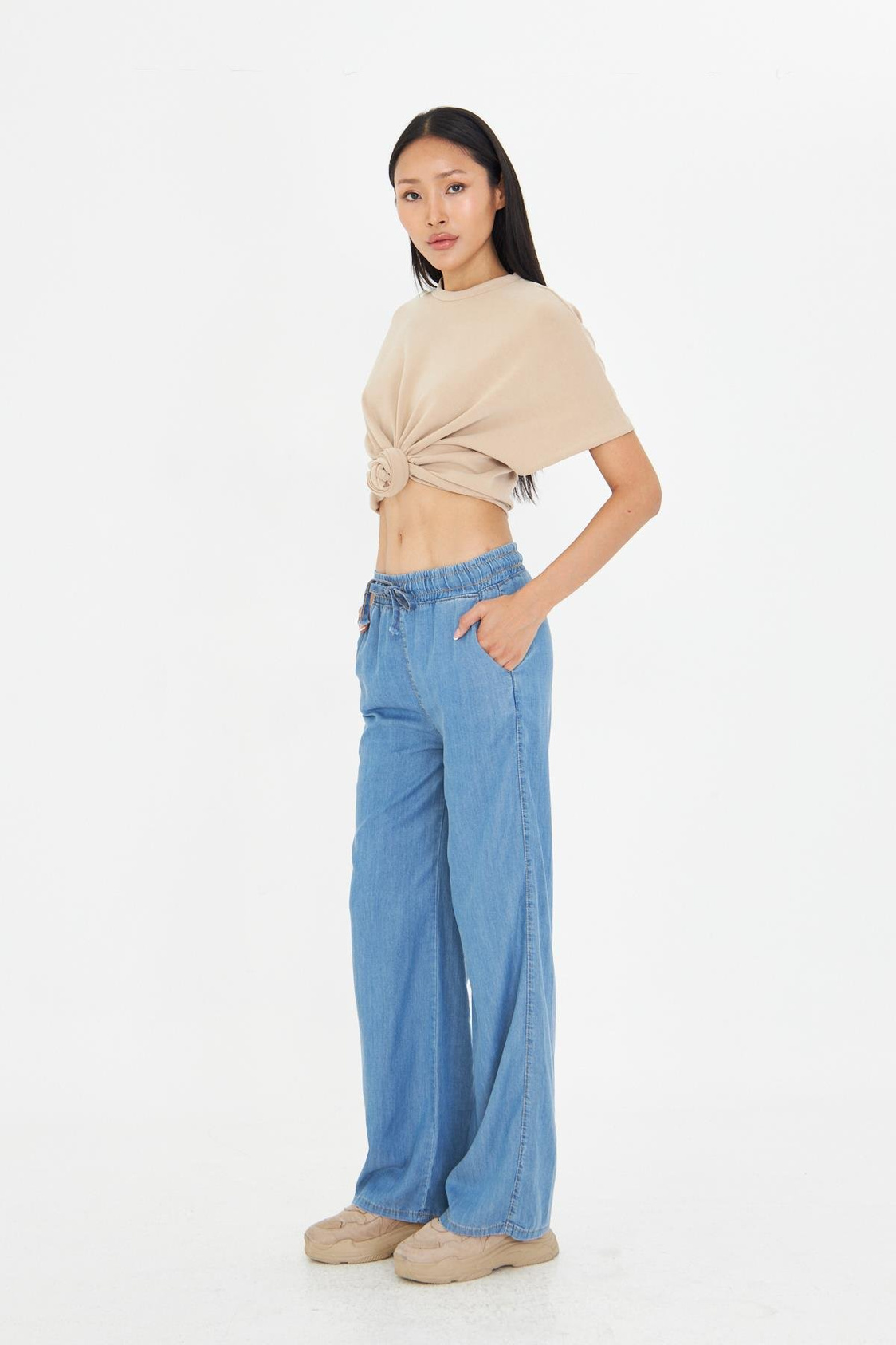 Yüksek Bel Wide-Leg Pantolon - Orta Mavi