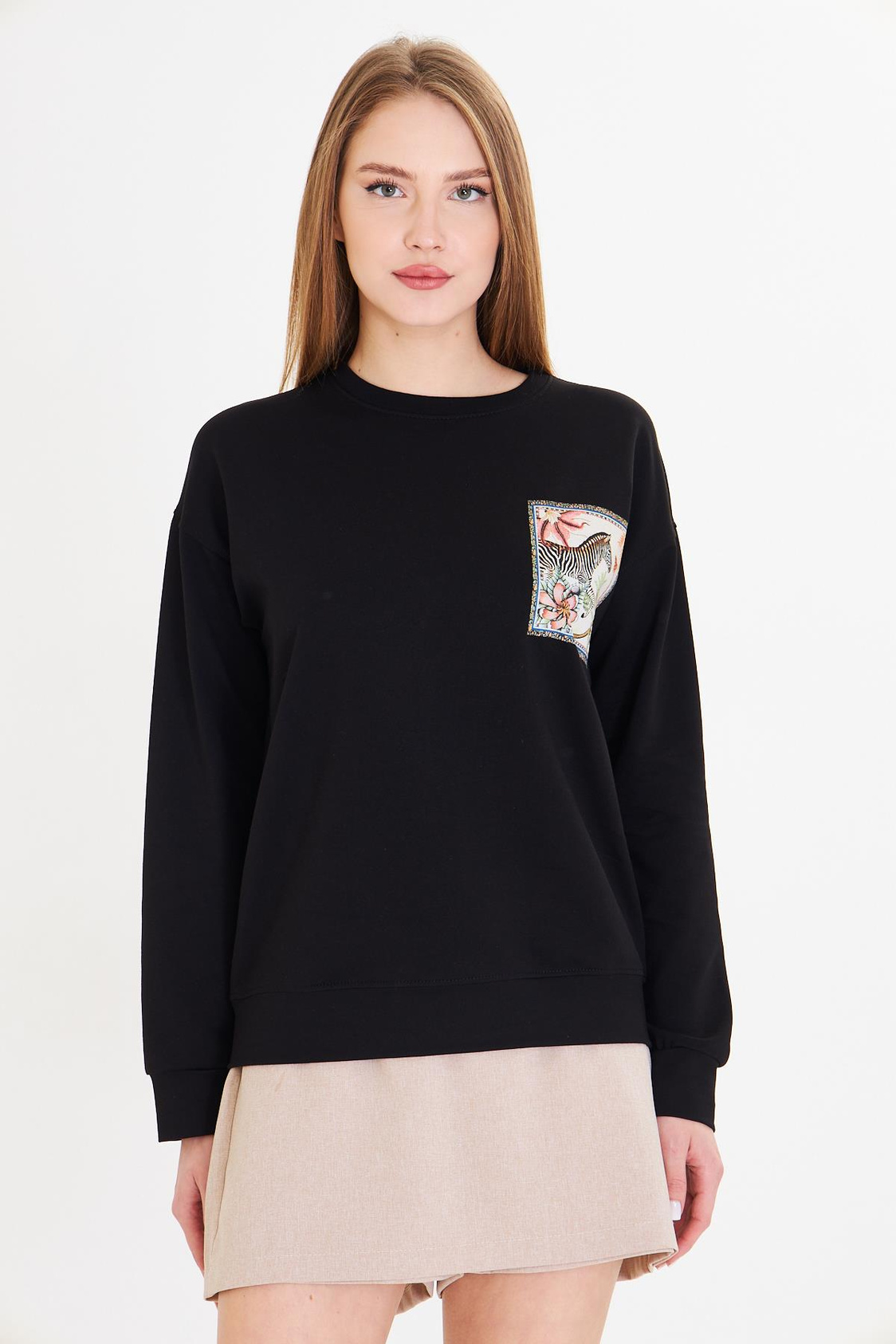 Zebra Baskılı İki İplik Sweatshirt