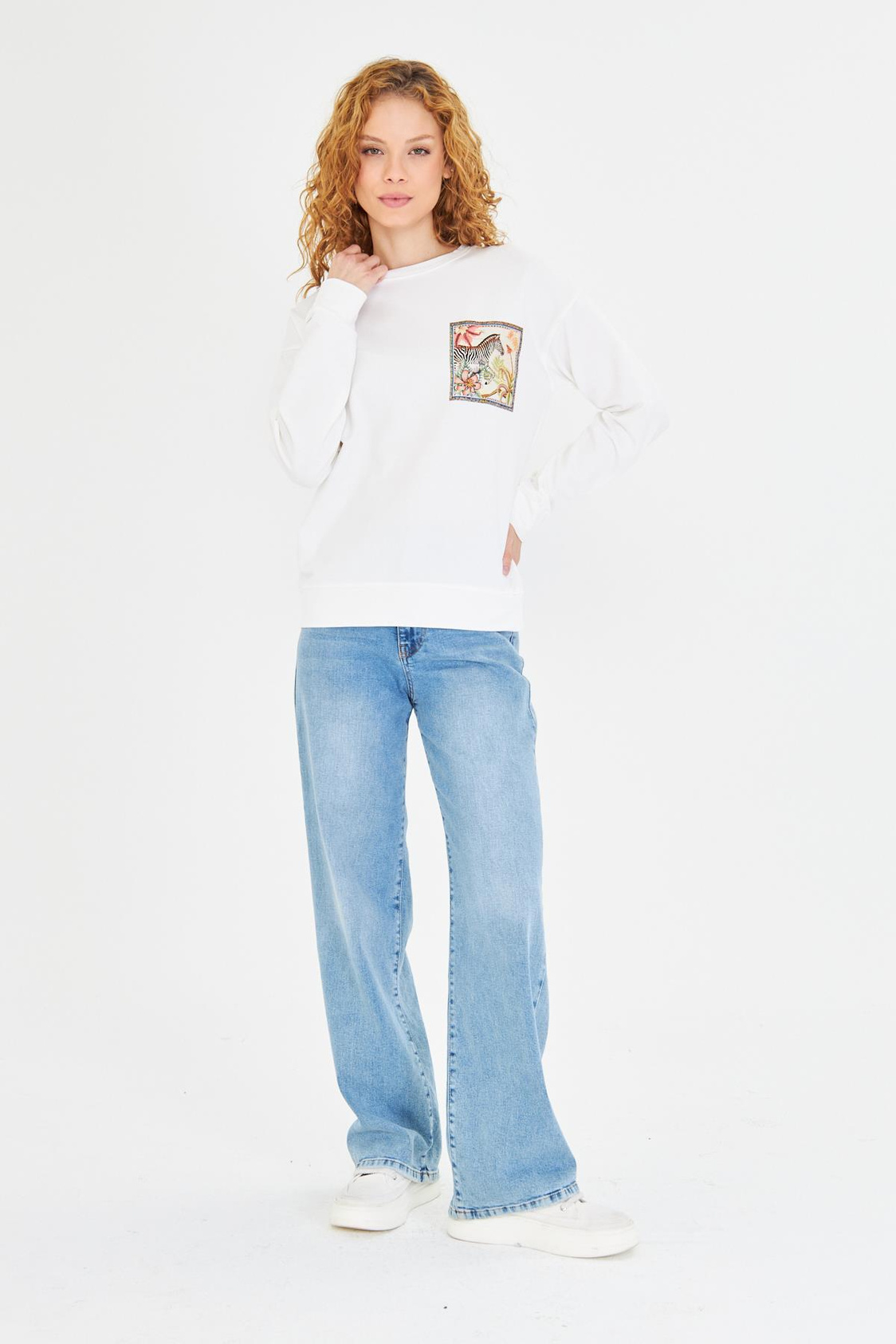 Zebra Baskılı İki İplik Sweatshirt