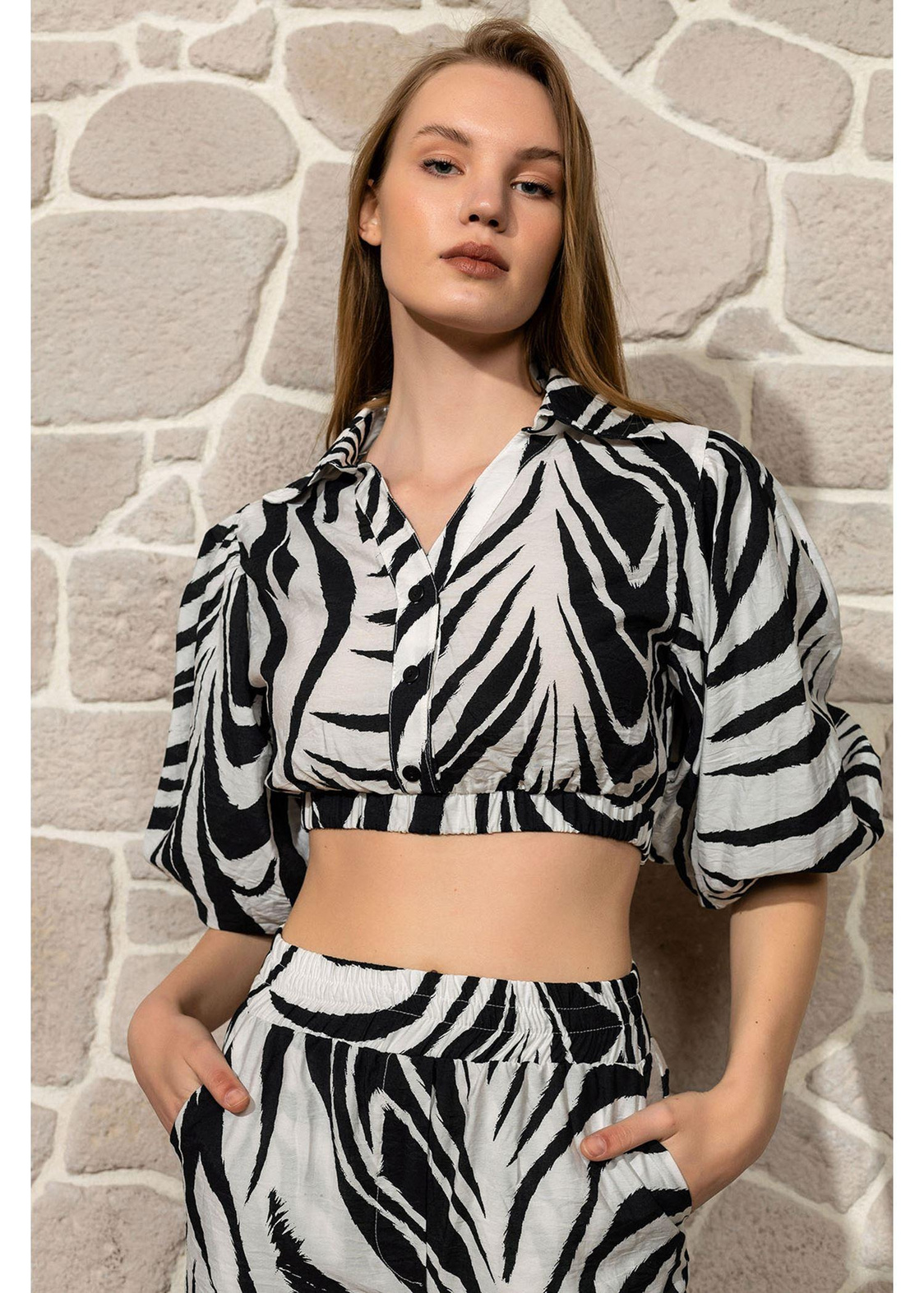 Zebra Desenli Balon Kol Gömlek-Siyah