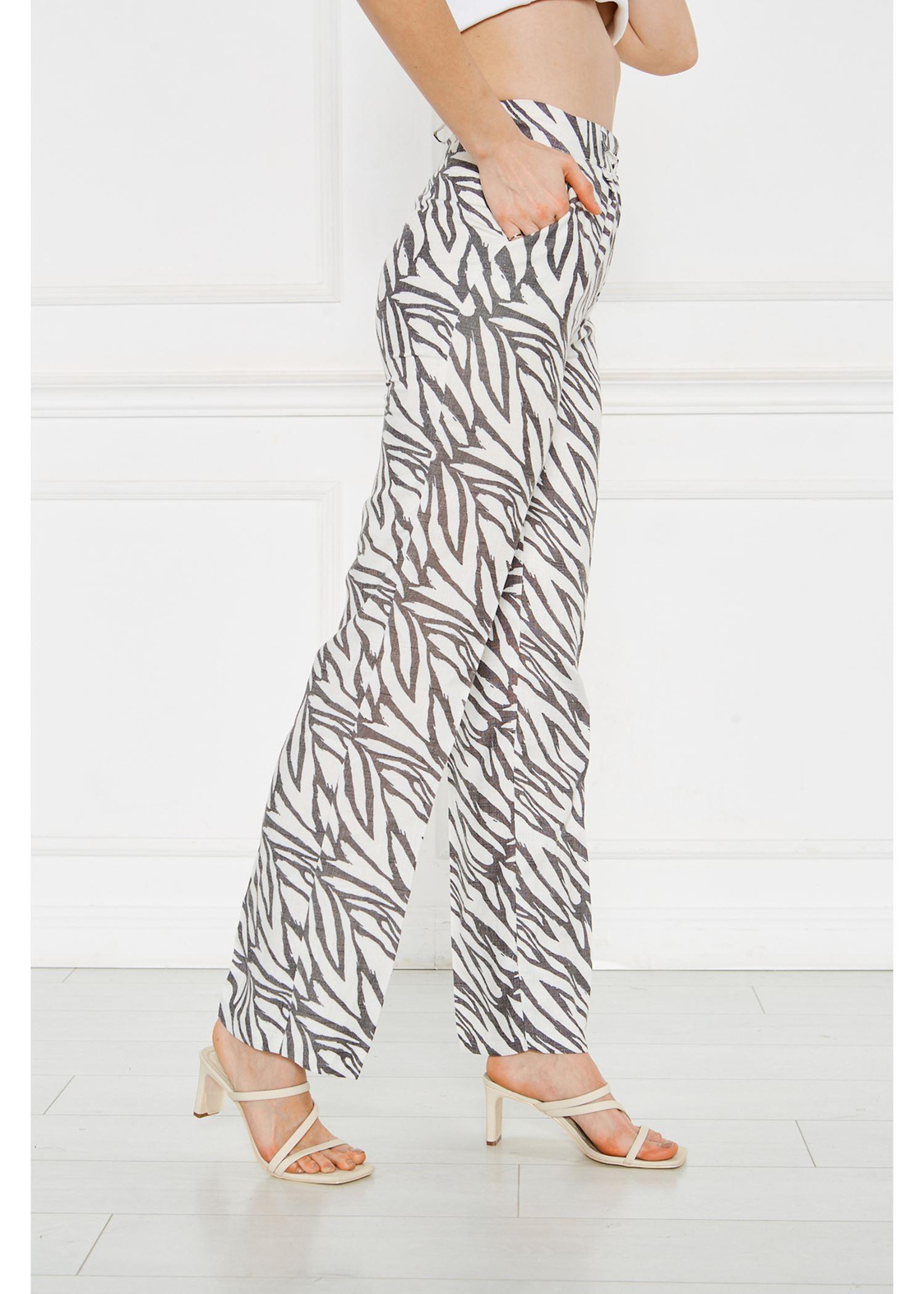 Zebra Desenli Keten Pantolon-Siyah