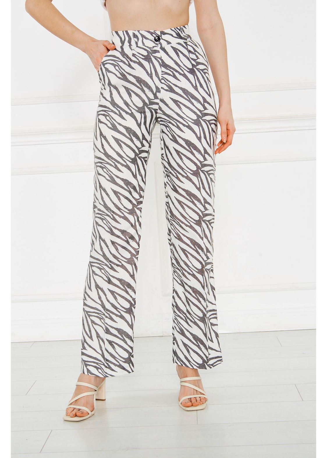 Zebra Desenli Keten Pantolon-Siyah