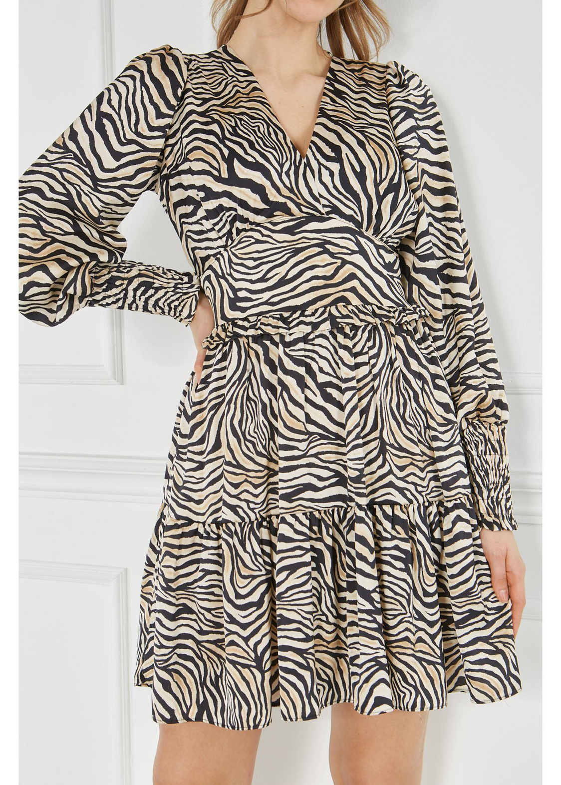 Zebra Desenli Saten Elbise