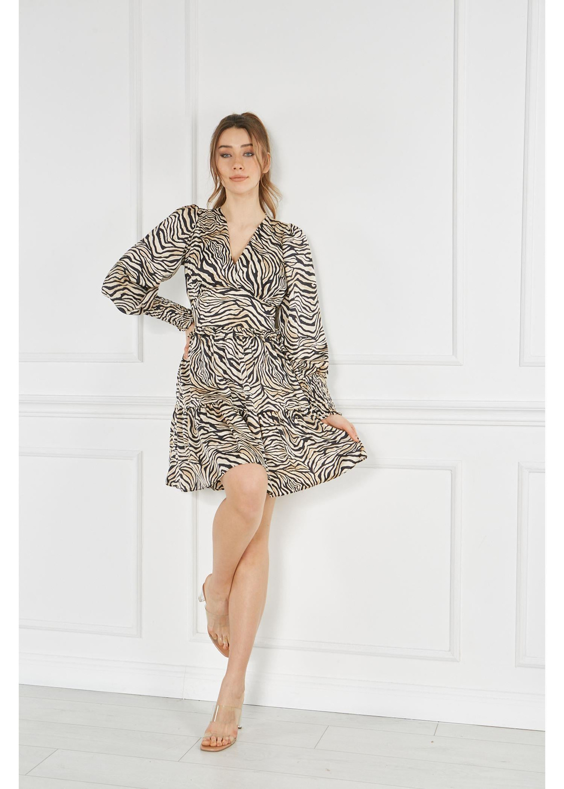 Zebra Desenli Saten Elbise