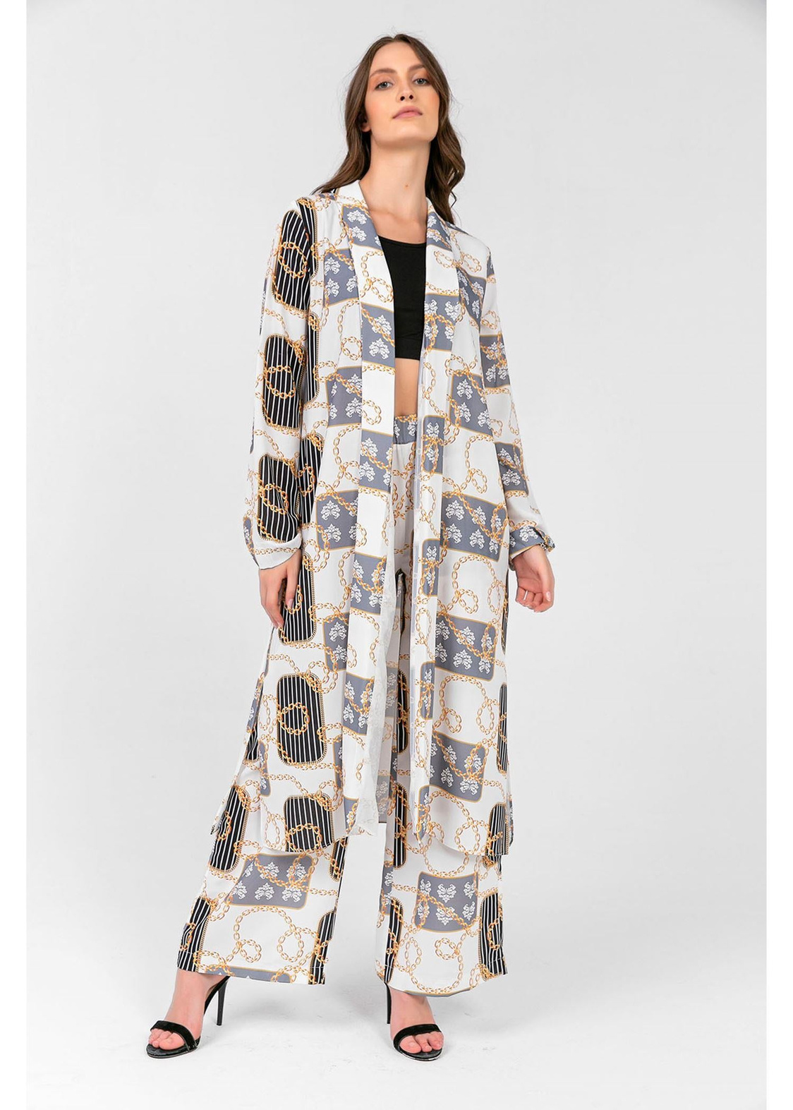 Zincir Desenli Kimono-Ekru