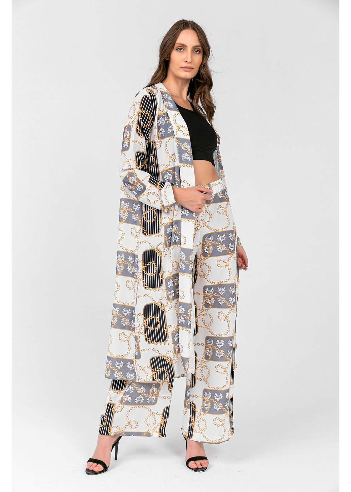 Zincir Desenli Kimono-Ekru