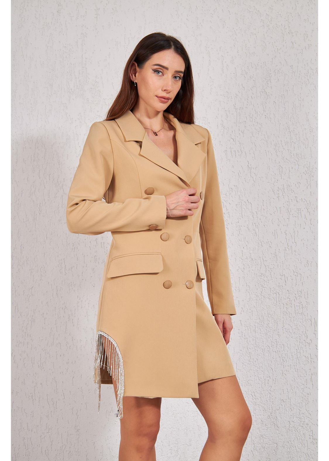 Zincir Detay Ceket Elbise-Bej