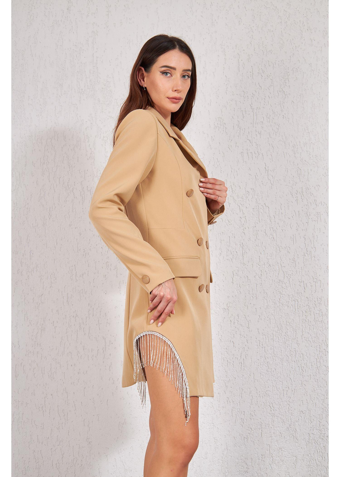 Zincir Detay Ceket Elbise-Bej