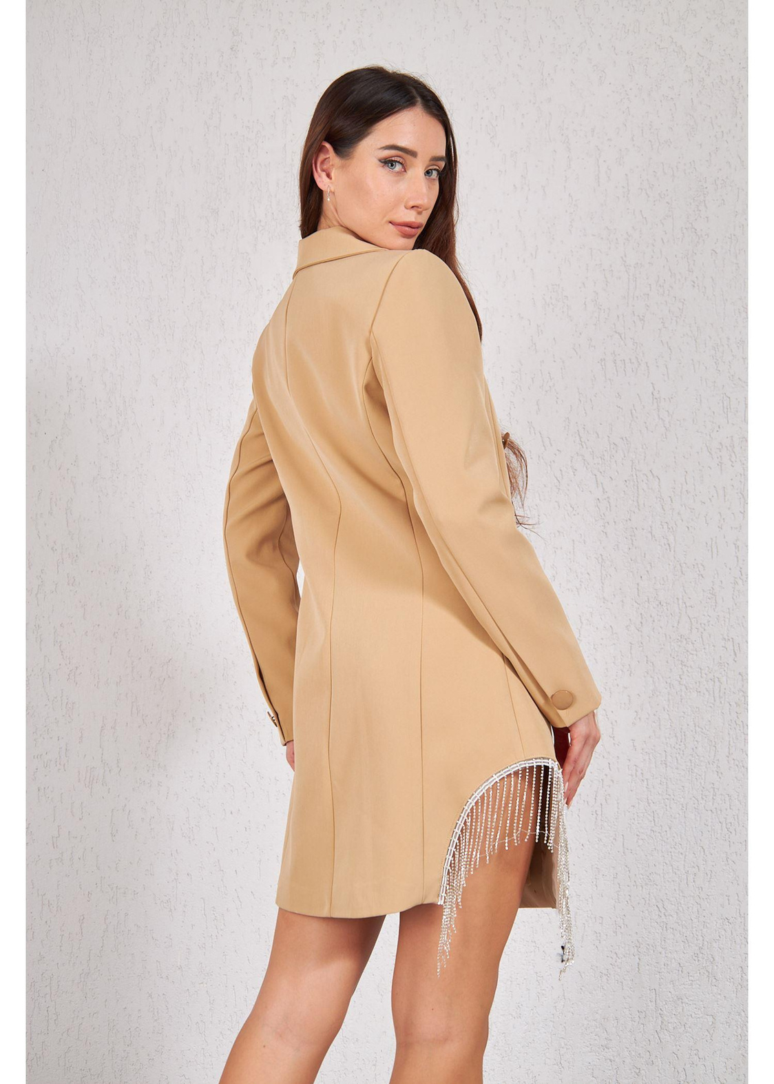 Zincir Detay Ceket Elbise-Bej
