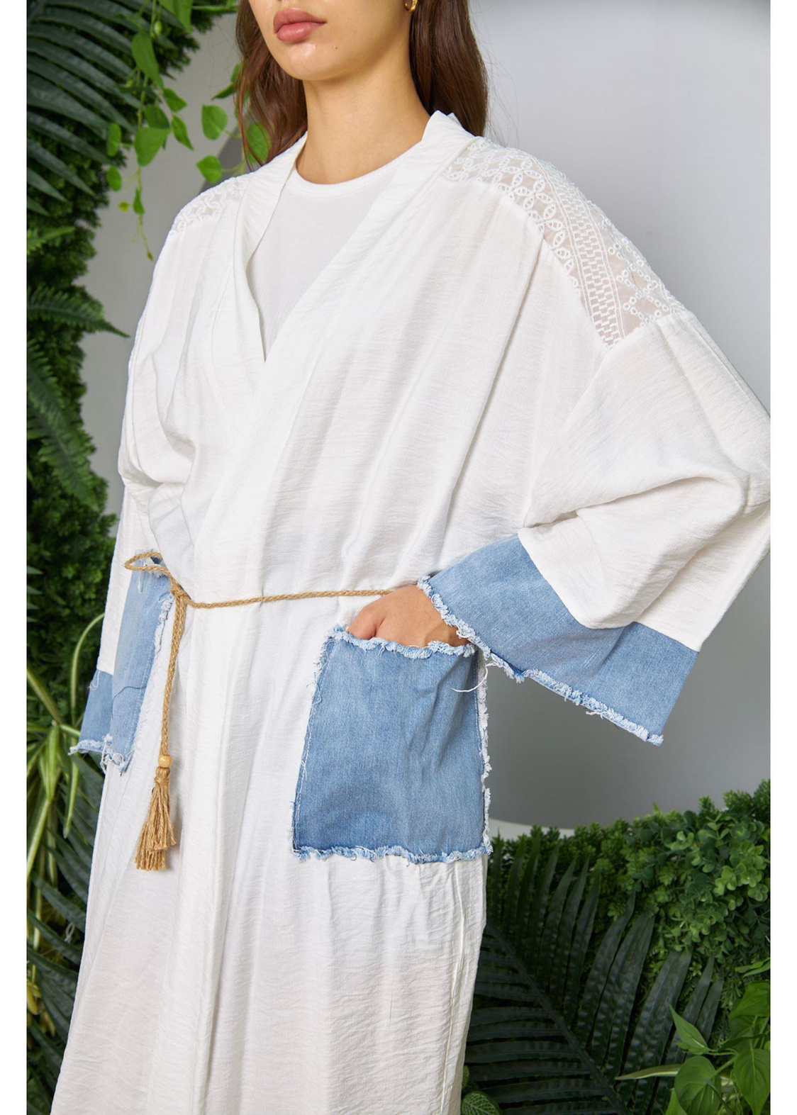 Ağaç Kabuğu Kot Garnili Keten Kimono-Ekru