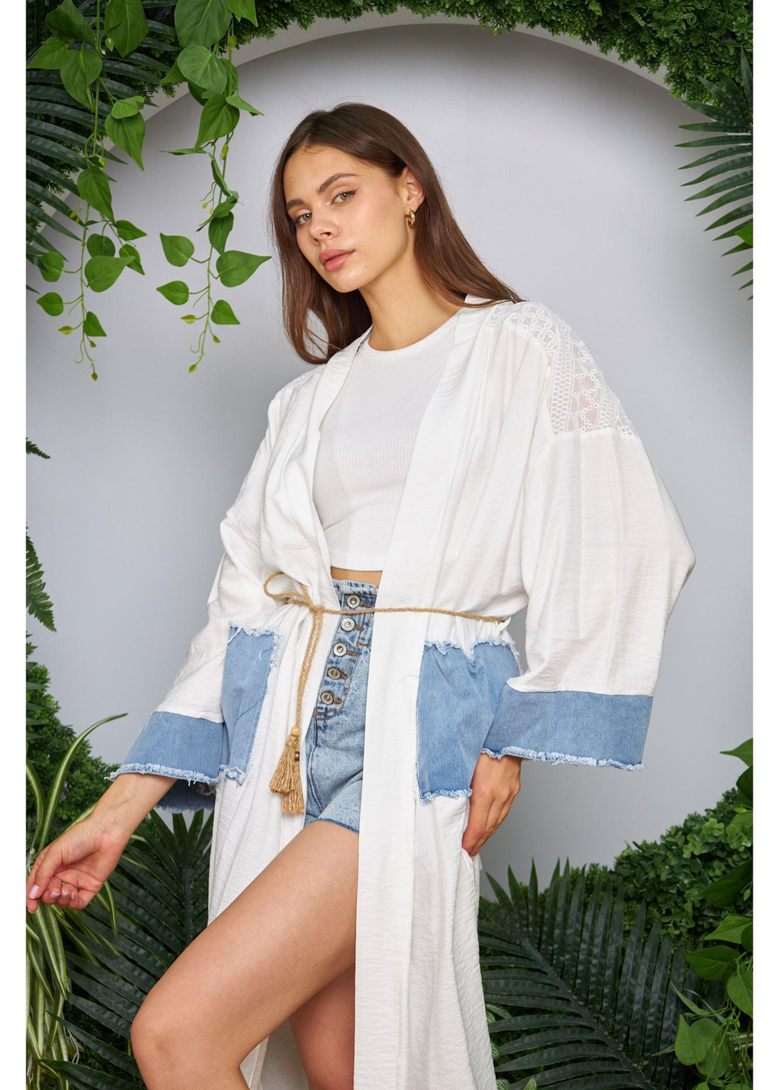 Ağaç Kabuğu Kot Garnili Keten Kimono-Ekru