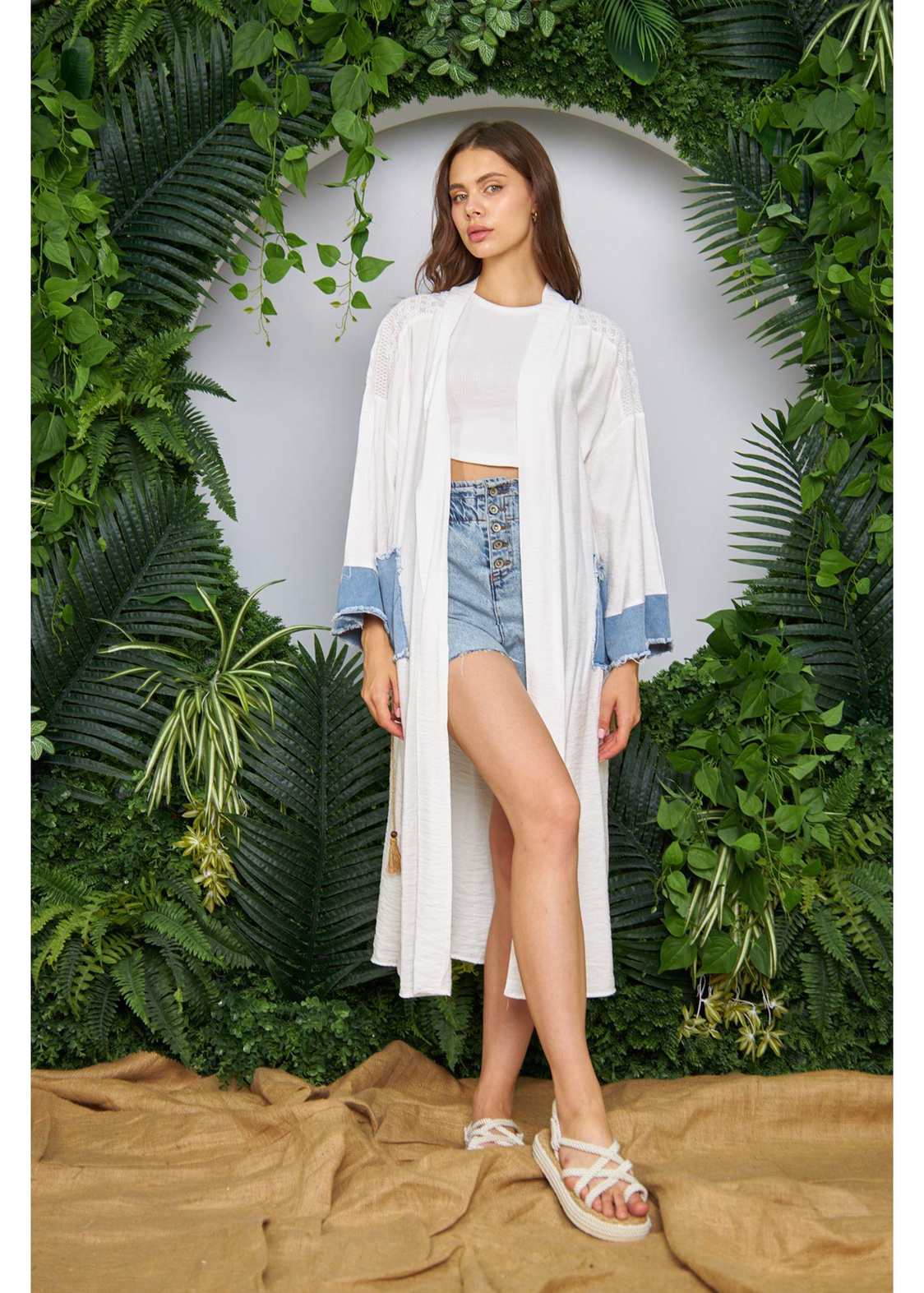 Ağaç Kabuğu Kot Garnili Keten Kimono-Ekru