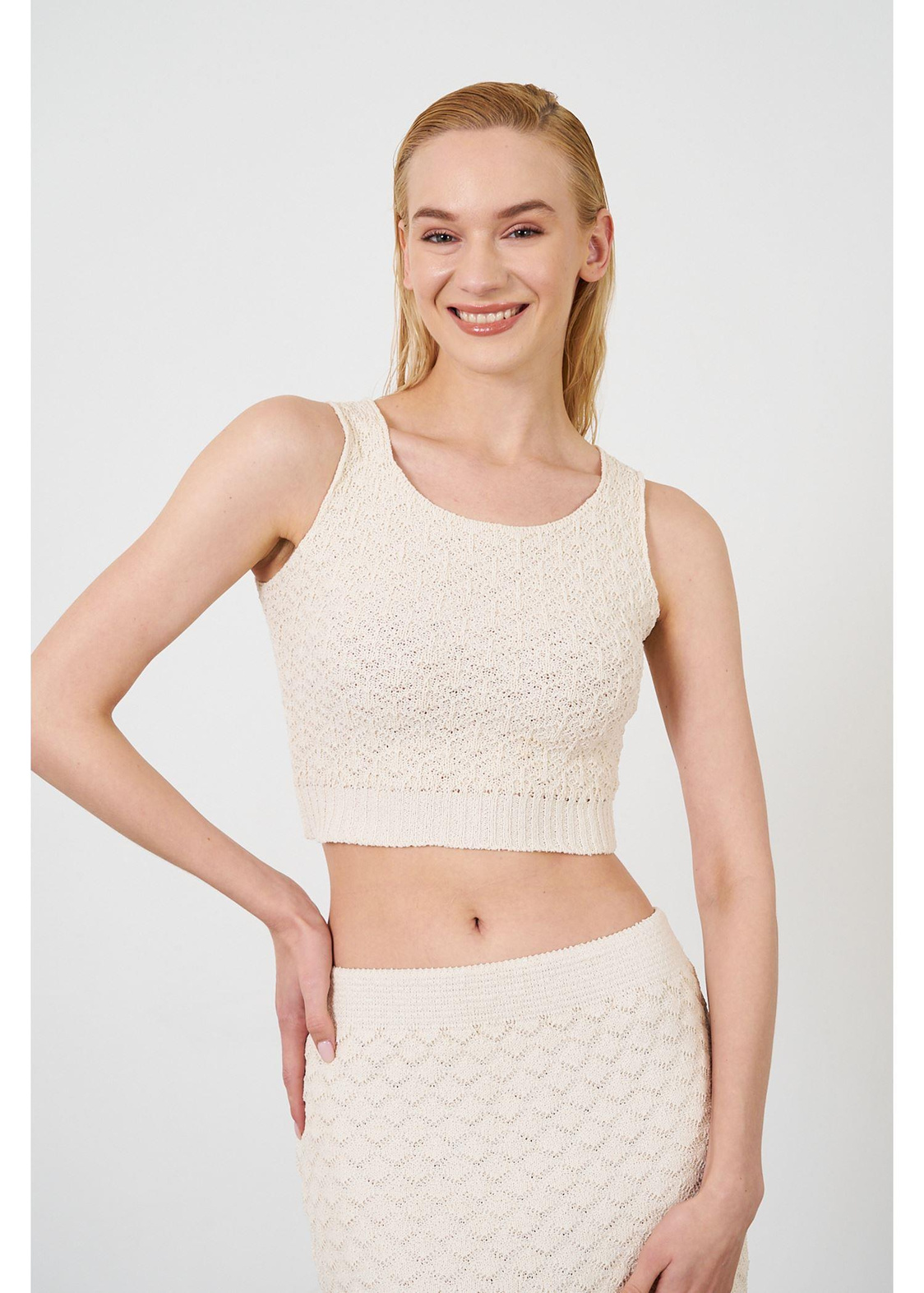 Ajurlu Crop Bluz-Bej