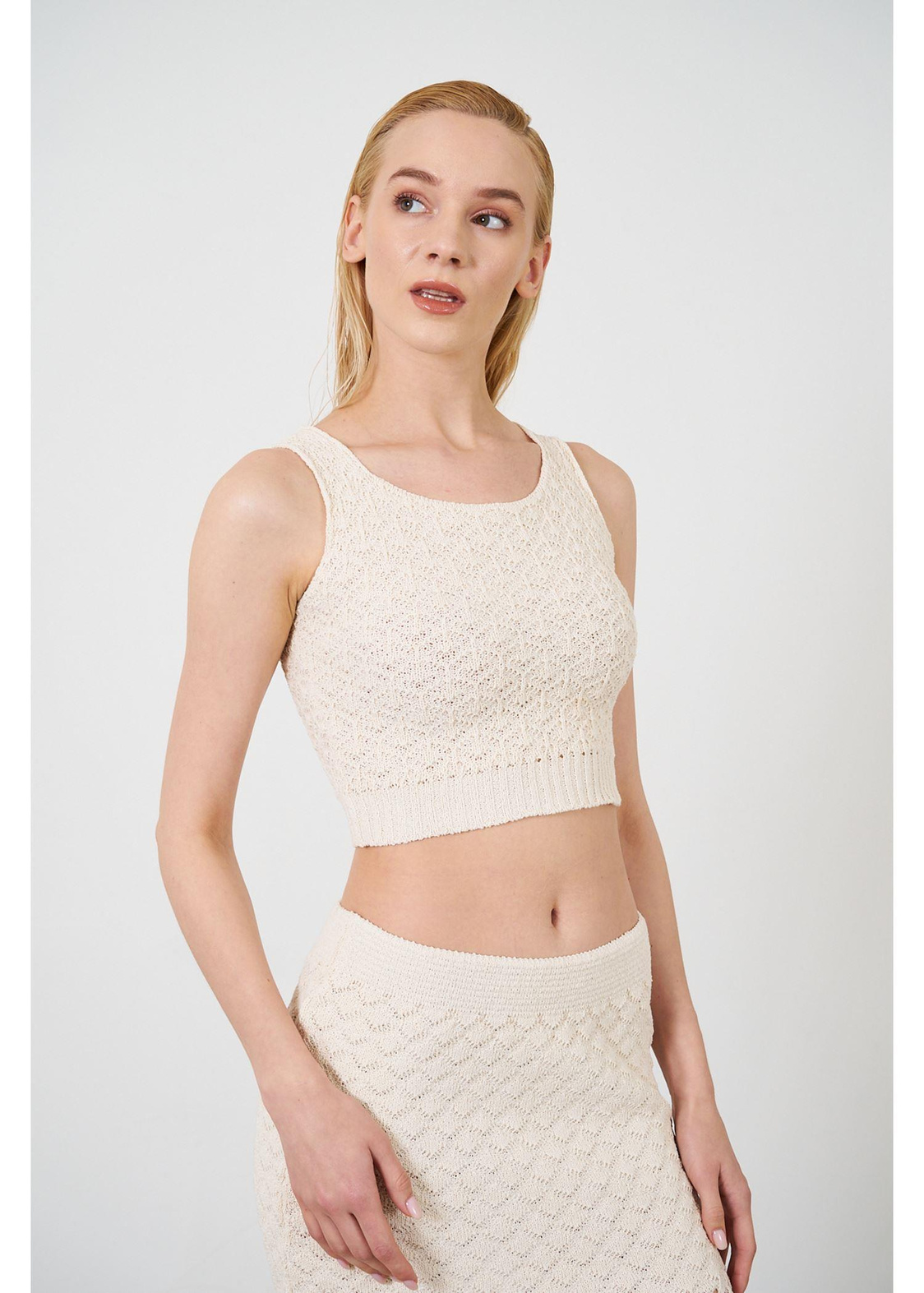 Ajurlu Crop Bluz-Bej