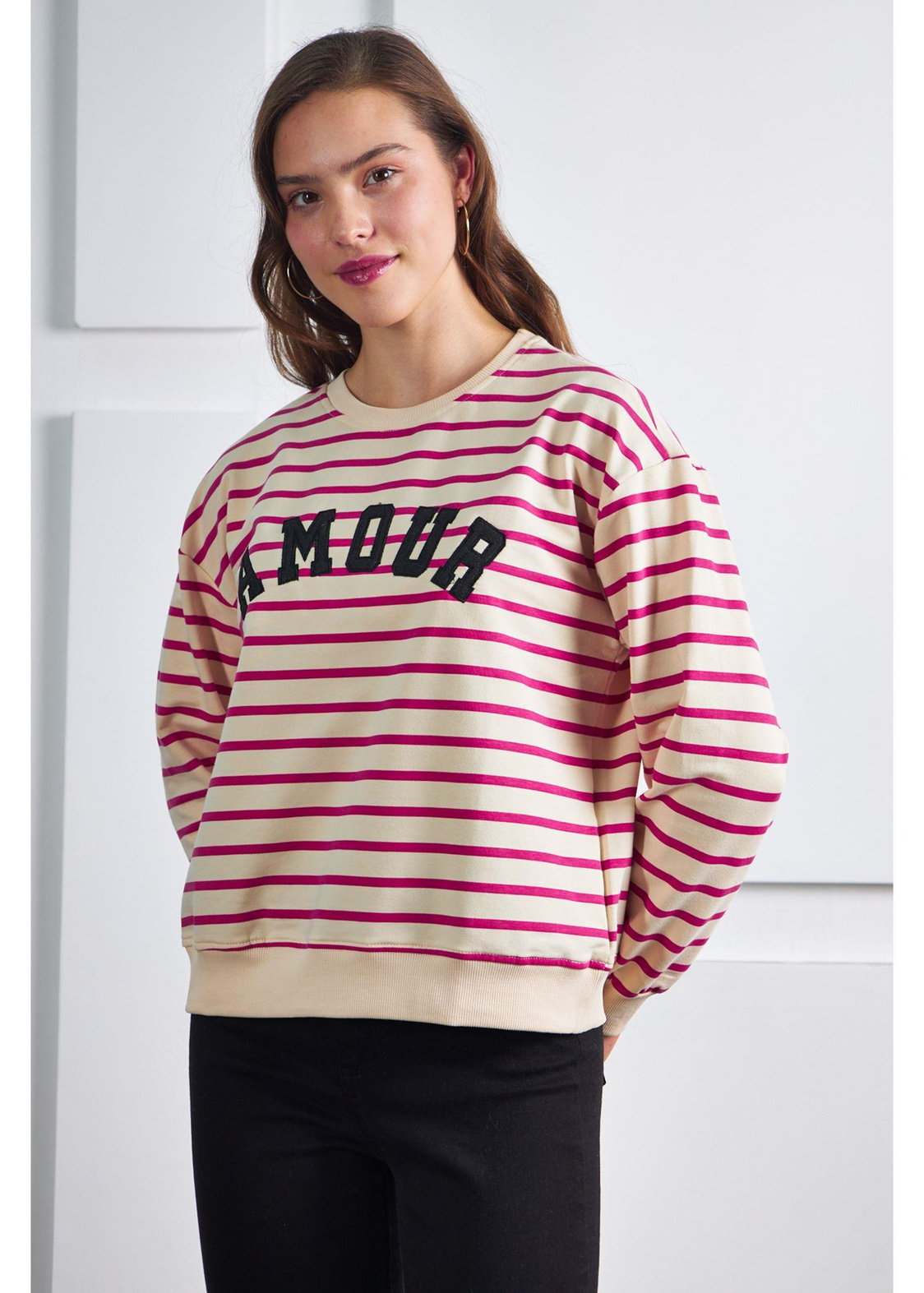 Amour Baskılı Çizgili Basic Sweatshirt-Fuşya
