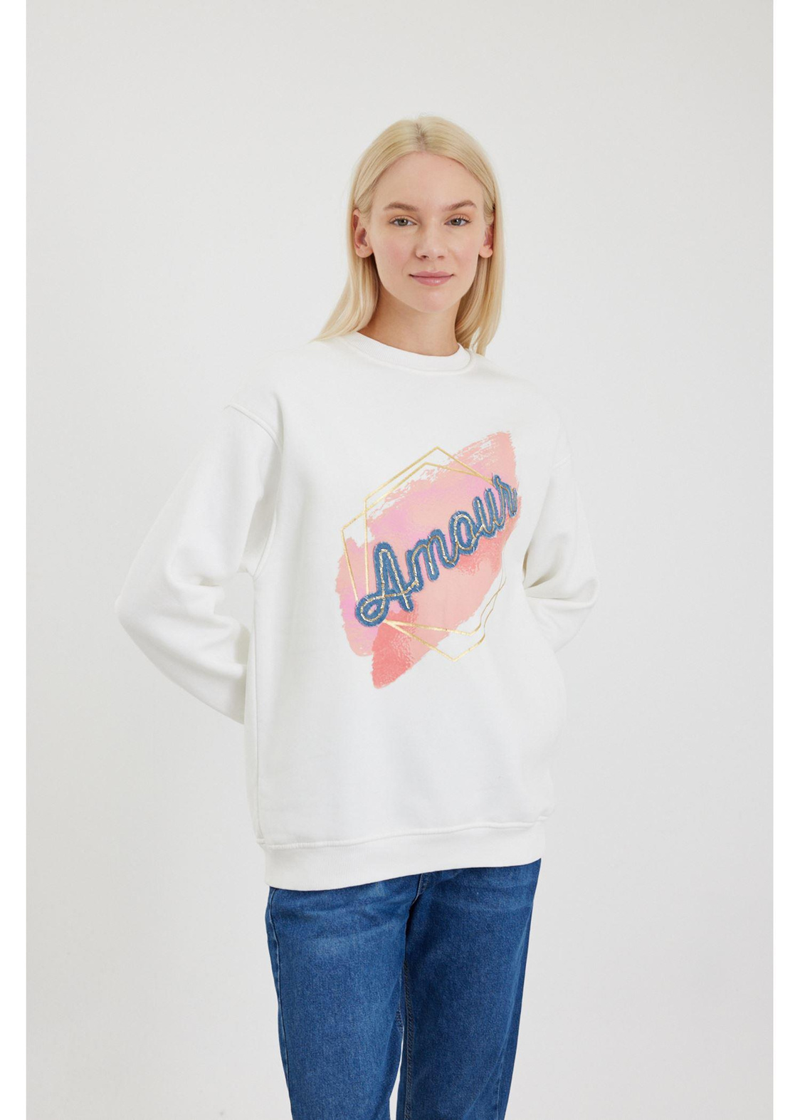 Amour Jean Detaylı Sweatshirt-Ekru