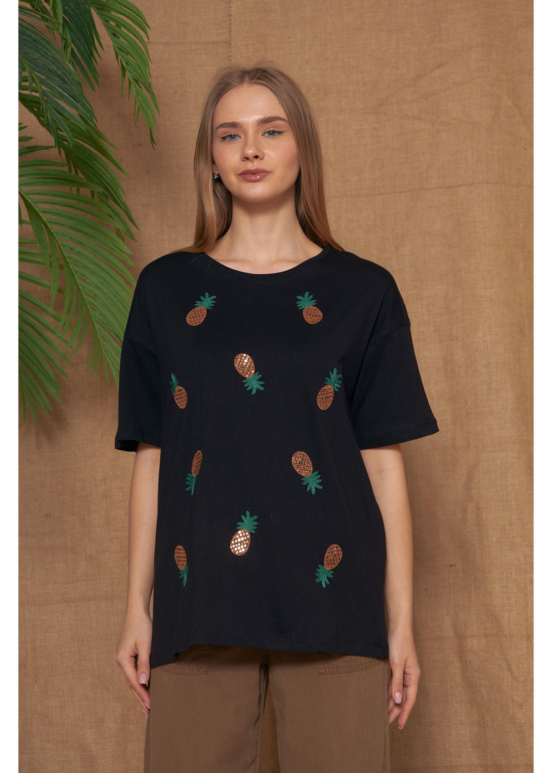 Ananas Nakışlı Süprem T-shirt - Siyah