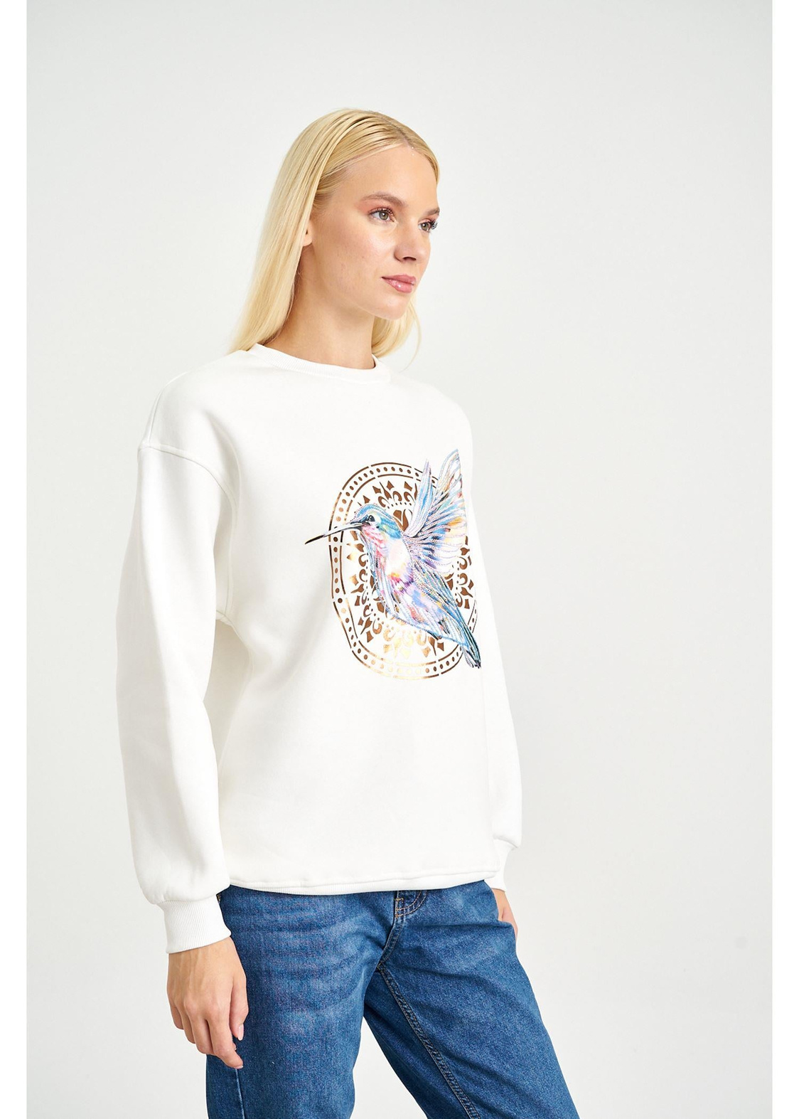 Anka Kuşlu Varak Sweatshirt-Ekru