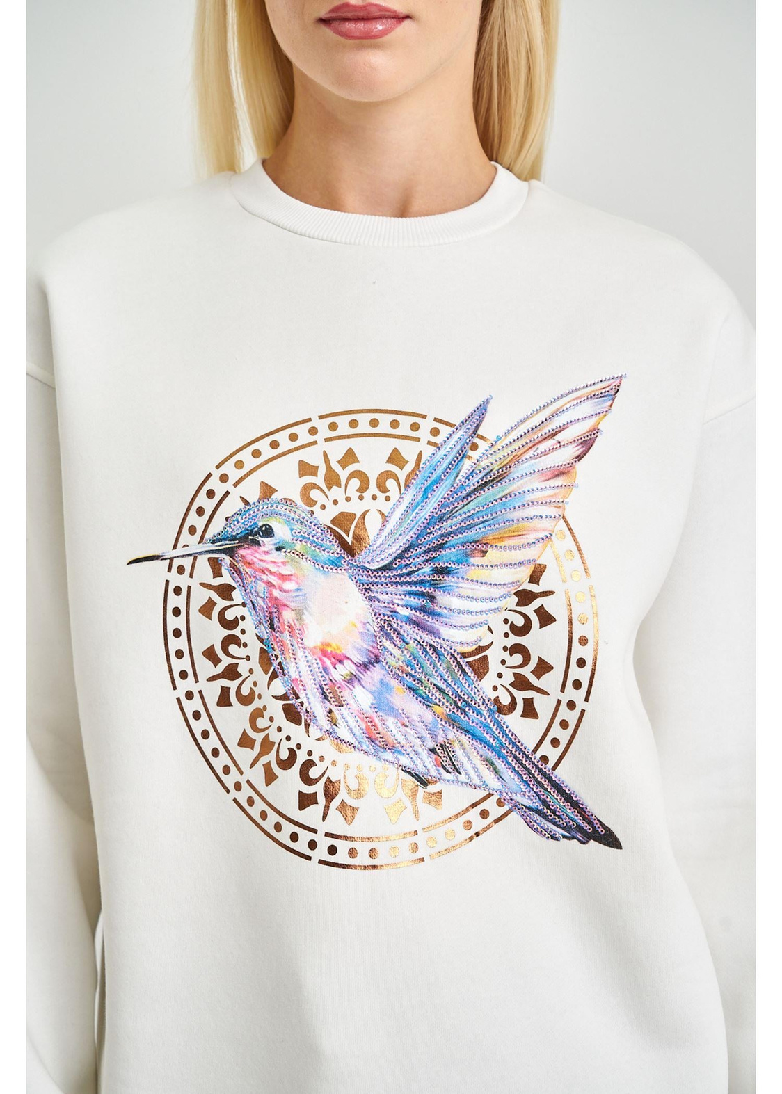 Anka Kuşlu Varak Sweatshirt-Ekru