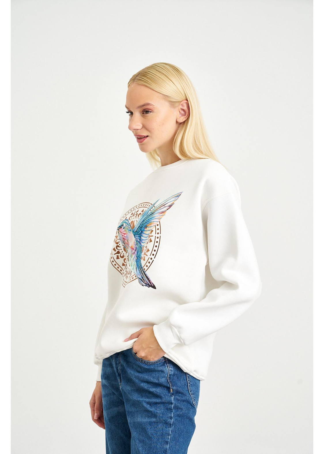 Anka Kuşlu Varak Sweatshirt-Ekru