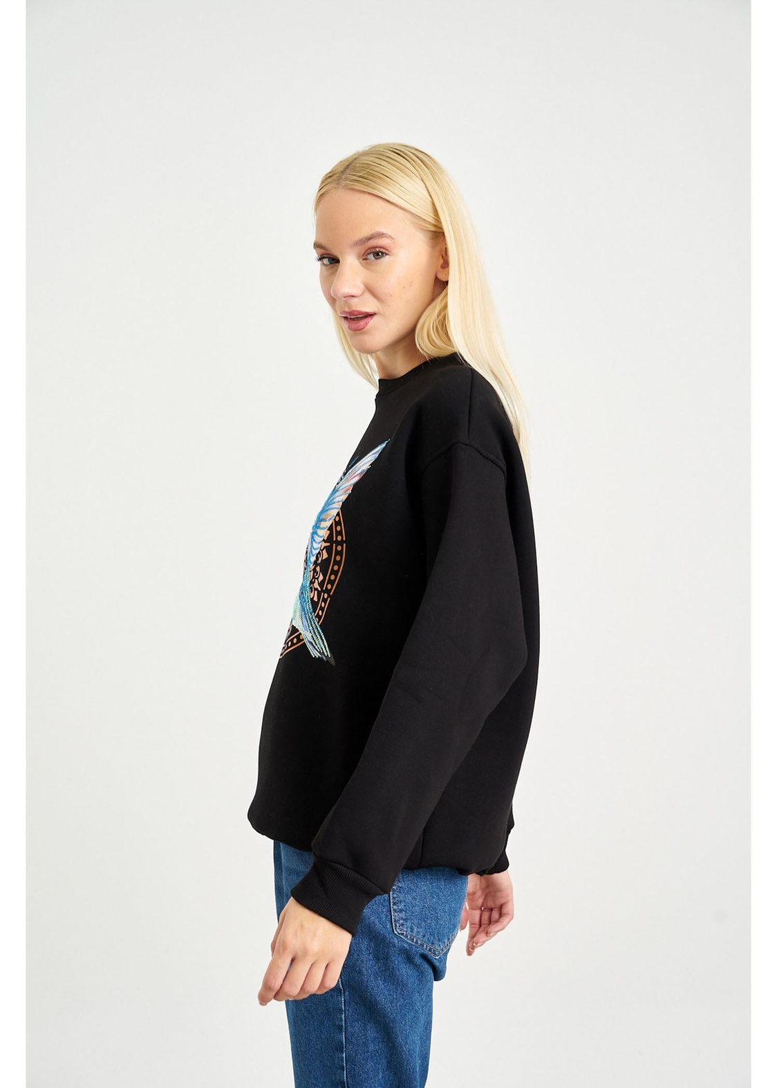 Anka Kuşlu Varak Sweatshirt-Siyah