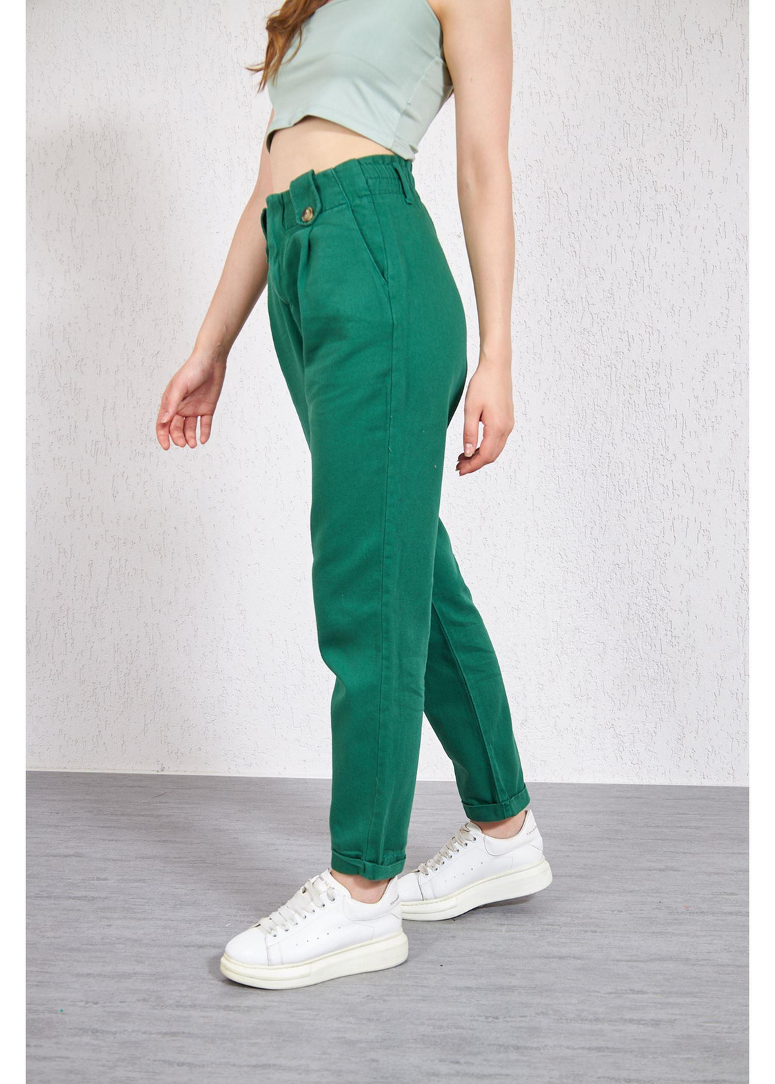 Apoletli Köprülü Duble Paça Gabardin Pantolon-Zümrüt