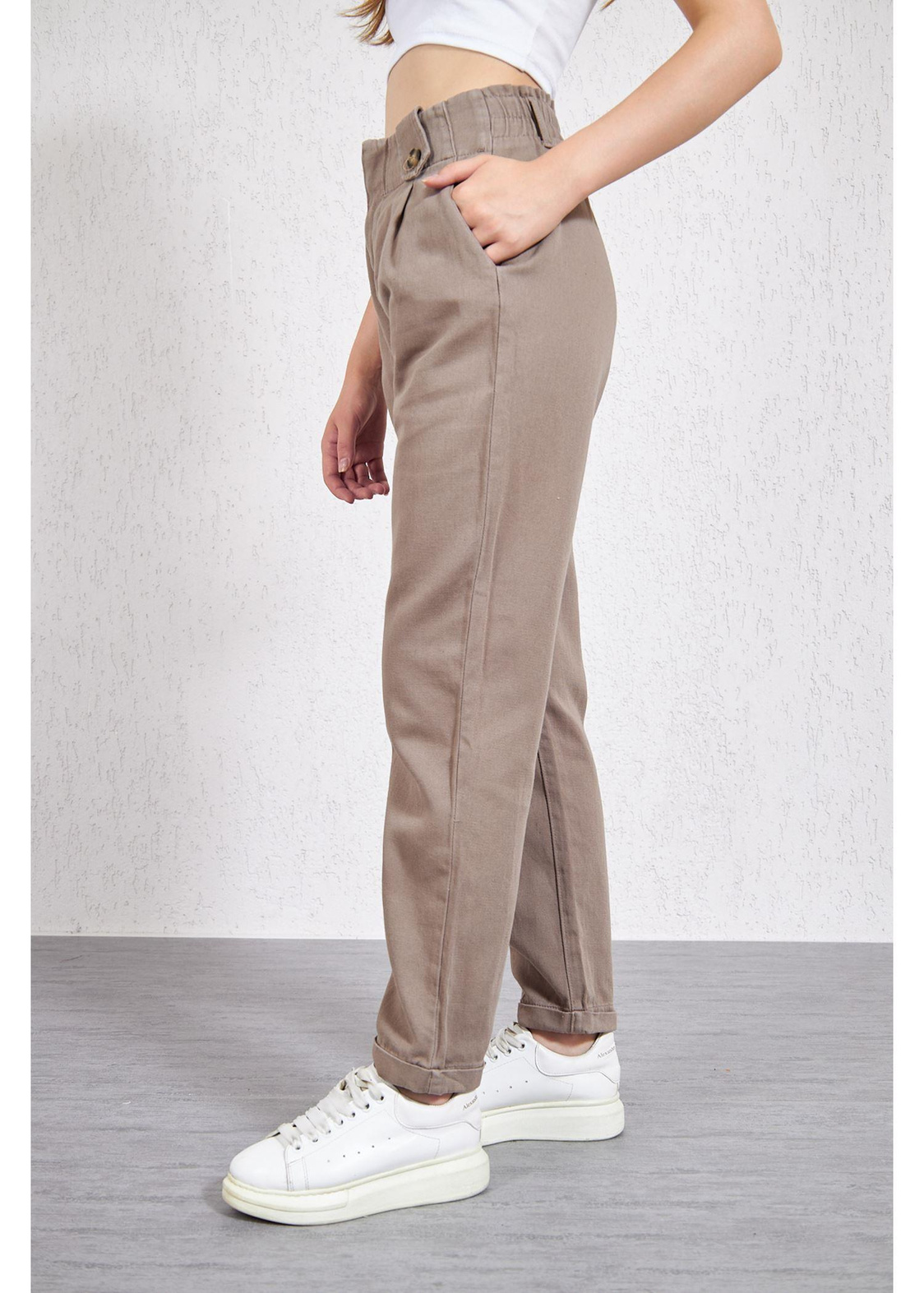 Apoletli Köprülü Duble Paça Gabardin Pantolon-Bej