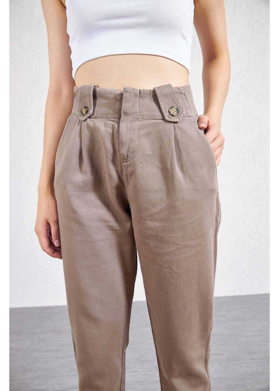 Apoletli Köprülü Duble Paça Gabardin Pantolon-Bej