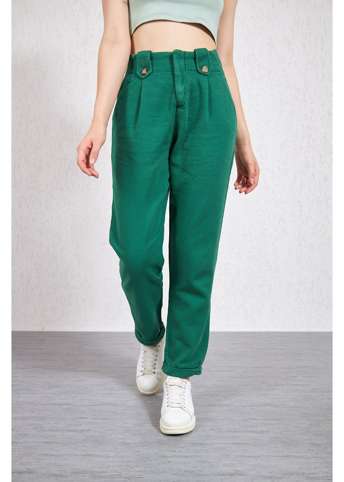 Apoletli Köprülü Duble Paça Gabardin Pantolon-Zümrüt