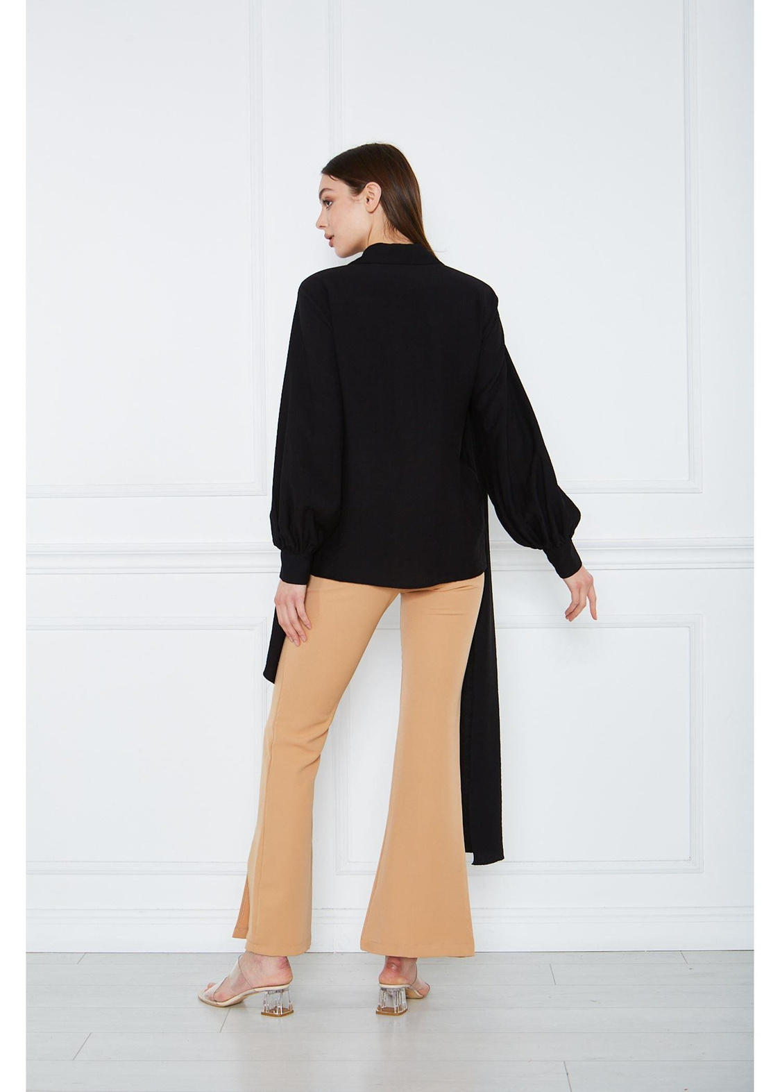 Asimetrik Keten Gömlek-Siyah