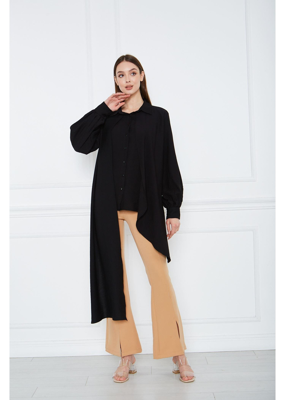 Asimetrik Keten Gömlek-Siyah