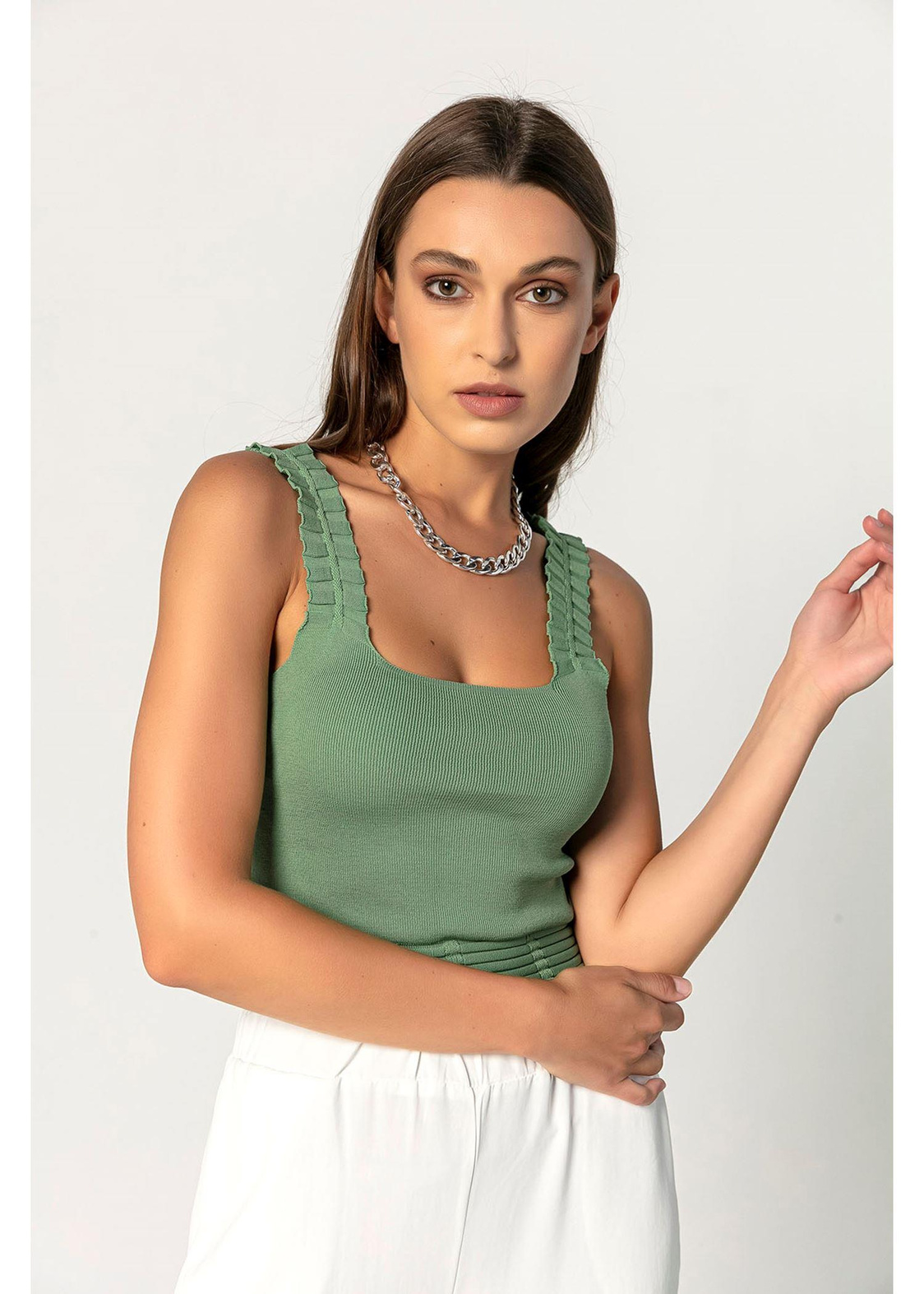 Askıları ve Beli Fırfırlı Triko Bluz-Mint