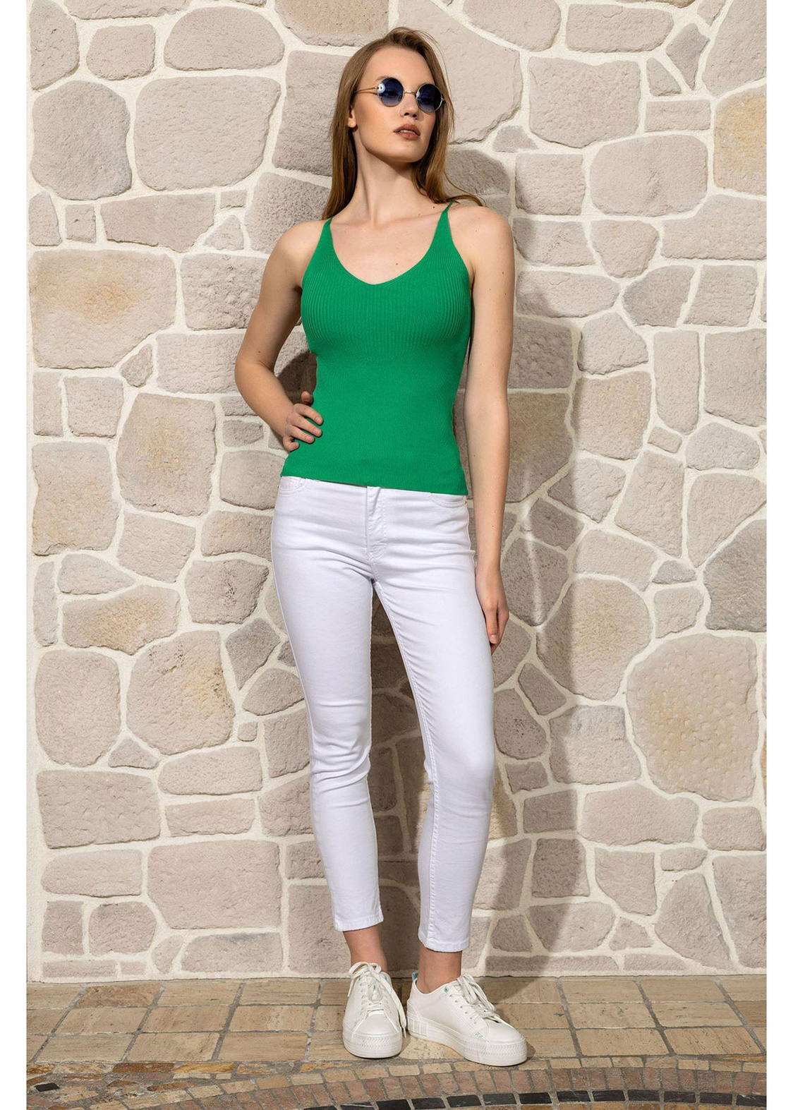 Askılı Crop Triko Bluz-Yeşil