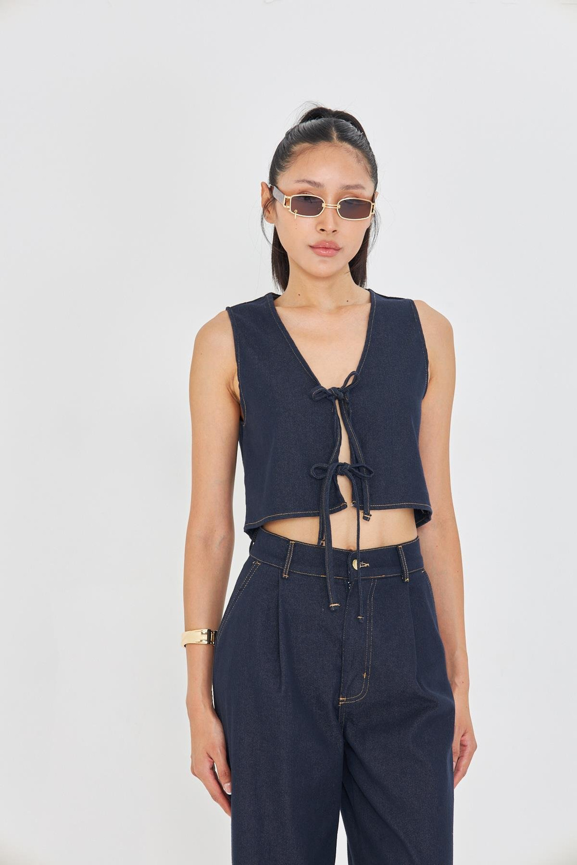 Bağcık Detaylı Denim Yelek 