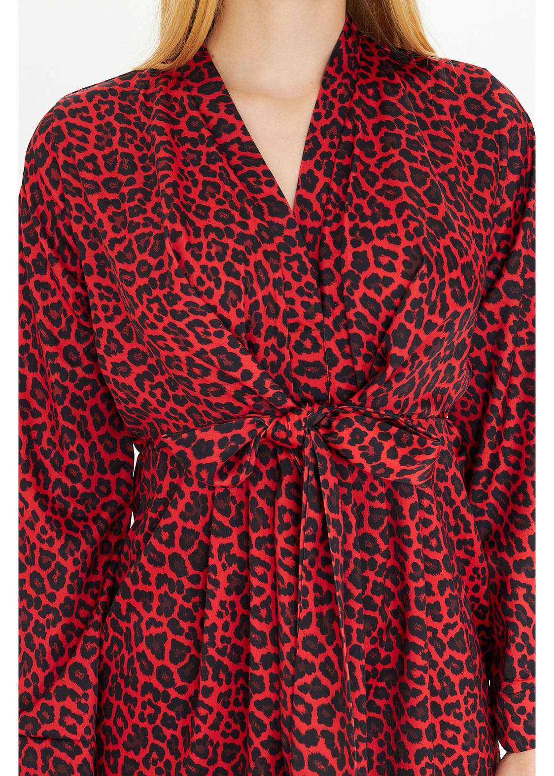 Bağlamalı Kırmızı Leopar Elbise